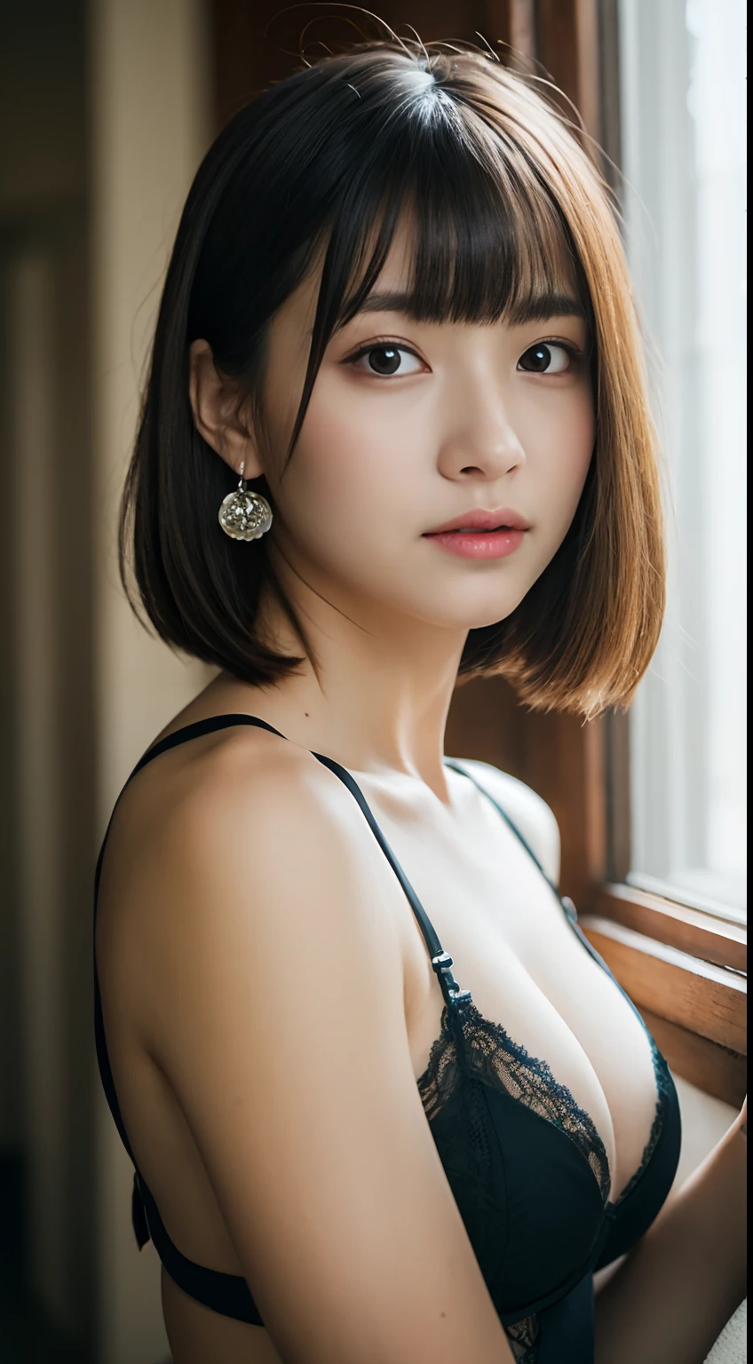 (8k, RAW Photo, Best Quality, Masterpiece:1.2), Ultra Detail, Super Resolution, (Realistic, Realistic Photo:1.37), Portrait, High Detail RAW Color Photo, Professional Photo, Extremely Detailed and Beautiful, Extremely detailed, 8k wallpaper, amazing and detailed, huge file size, official art, highly detailed CG unity 8k wallpaper, highly detailed beautiful girl, highly detailed face, highly detailed eyes, highly detailed skin, highly detailed fingers, highly detailed nose, very detailed detailed mouth , perfect anatomy, highly detailed background, highly detailed clothes, 1girl, (20:1.2), 20s, cute girl, realistic body, petite, fair skin, glowing skin , slim body, handsome body, black hair , short hair, (blunt bangs:1.2), smile, cute, youthful, cute face, realistic face, delicate eyes, drooping eyes, lingerie, see-through, earrings, looking at viewer, cowboy shot, facing front, standing posture, Contraposto, dynamic lighting, very large breasts, cowboy shot
