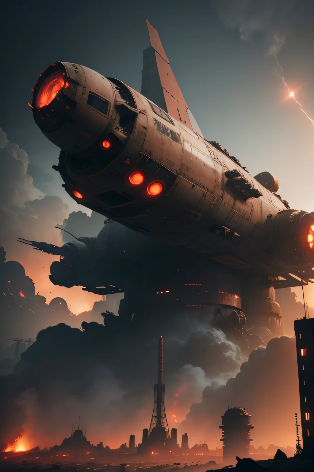A wasteland-style spaceship, exploding in the air, black smoke from the engine, surrounded by a group of small red wasteland-style aircraft, with an abandoned ancient city in the background, towering industrial towers everywhere and some withered vegetation, storm-swept, foggy, low-saturation, cinematic, Unreal Engine, trending on artstation