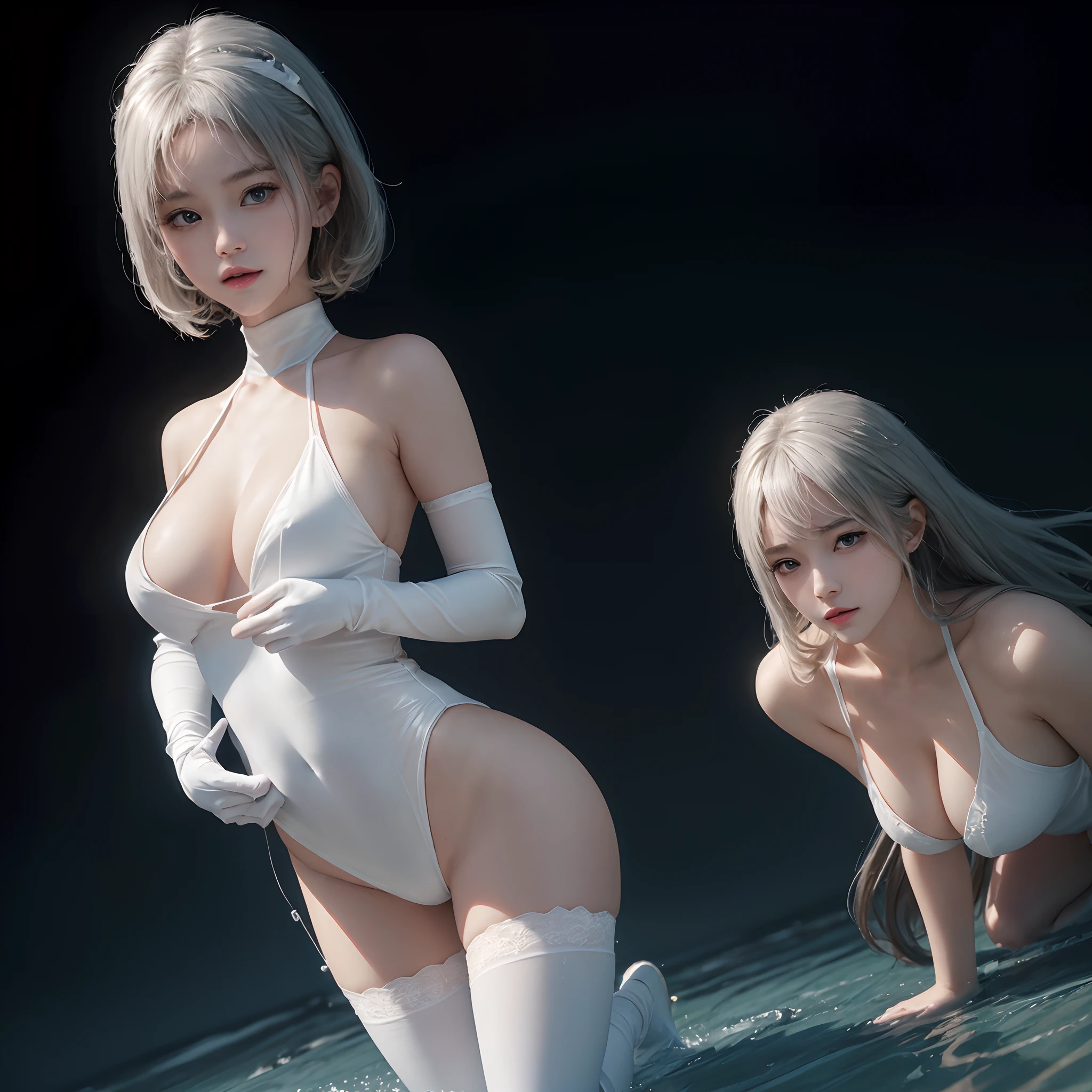 ((NSFWSTILLSHOW))、no extra arm:2、no extra hand:2、no extra leg:2、((solo 1girl))、{full length|Full height|all-fours|Half squatting|Flying|Jumpping|Ass focus、looking ahead}、{Wide Shot:1.5|Drone view|OverHeadShot|From below:1.5}、(wetted Porcelain skin、Wetted White skinny bodysuit)、Very thin and soft fabric、wetted face、{wetted hair|Floating hair|Shiny hair|Black hair|Blonde hair|Silver hair|Short Bob|Half Up|Curly hair}、Detailed Clear Nipples、detailed crotch、(The shape of the pubic area is Clearly Visible:1.2)、ass visible through thighs:1.3、Nipple shadow、(masterpiece, Best quality)、(((Photorealsitic:1.37)))、(BokeH)、smooth shading、({childish|Gigantic cleavage:1.37})、((((detailed beautiful face))))、Darkbackground、neons、zydG、high collar、elbow_gloves、Floating in the SPACE、Blue Earth、{dreamlike|creative refinement}、