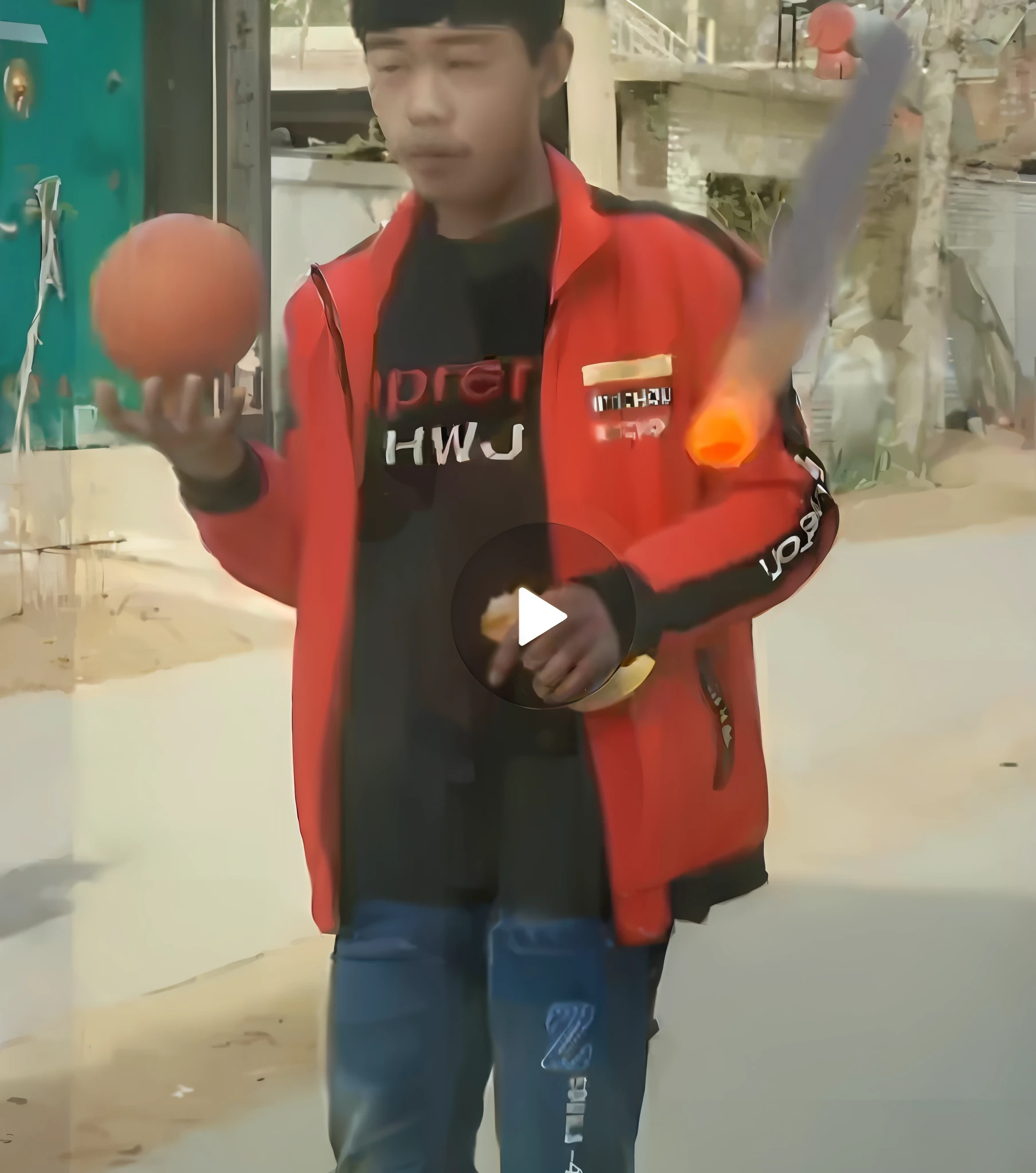 There was a little boy holding two orange balls and a bat, wielding a fireball, low quality video, playing with fire, mana shooting from his hands, shooting fire war, dribble contest winner, fireball hand, very very low quality picture, holding flamethrower, YouTube video screenshots, casting fireball, trending on dribbble, holding a ball, without helmet