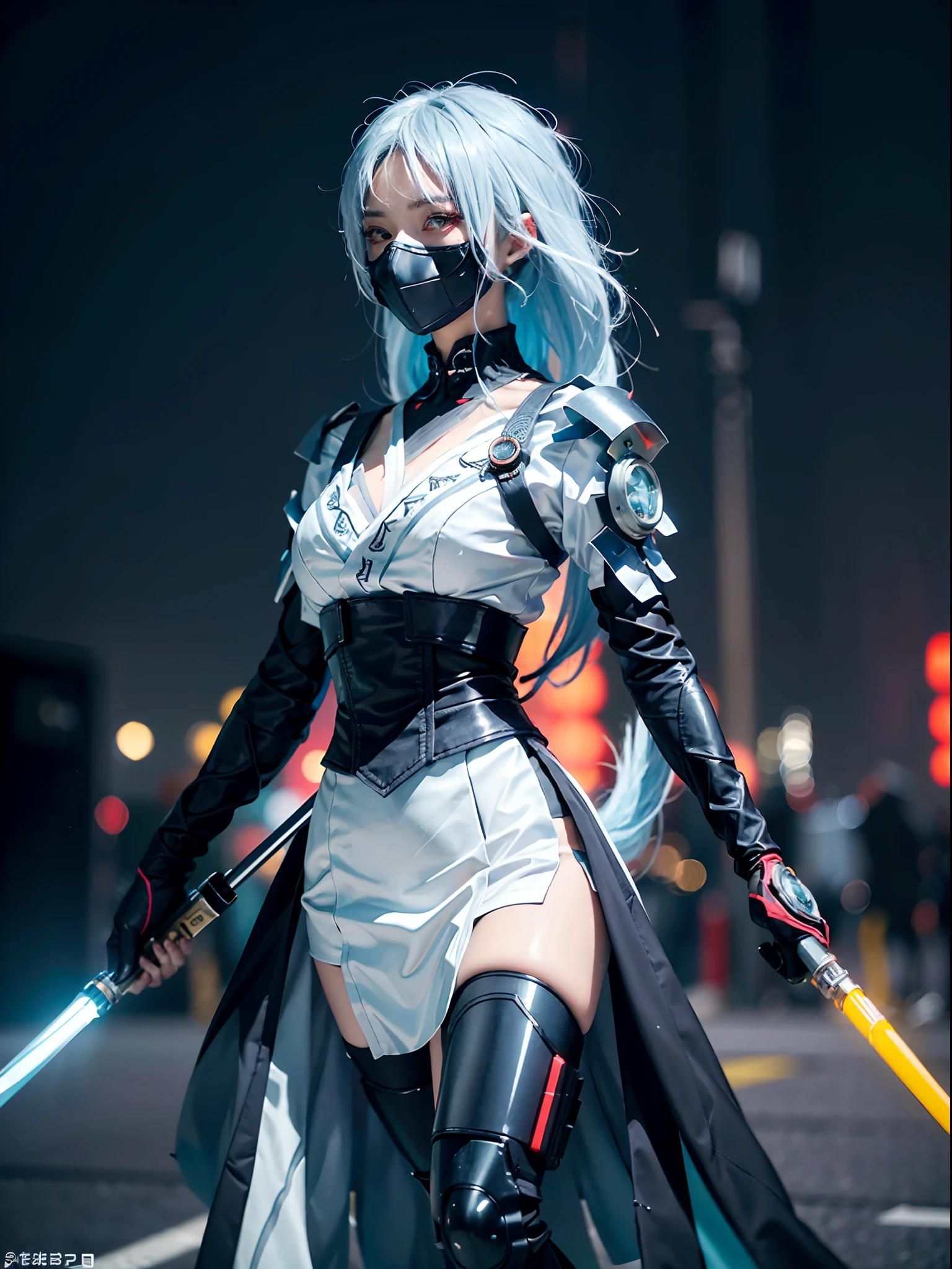 (Masterpiece, High quality:1.5), (Cyberpunk, Flat colors:1.05), Side view, A scared girl, (Sexy:0.9), Running, (Colored skin, Aquamarine skin:1.1), White hair, Gas masks, Sendai set, Beautiful detailed face, Glowing red eyes, (Dynamic pose, Dynamic Angle, Dynamic light:1.1), tiny body, Epic reality night Tokyo background, City lights, Explosion, (hight contrast, Vivid colors, filmgrain, color difference:1.07), Intricate details, Close-up, Motion blur