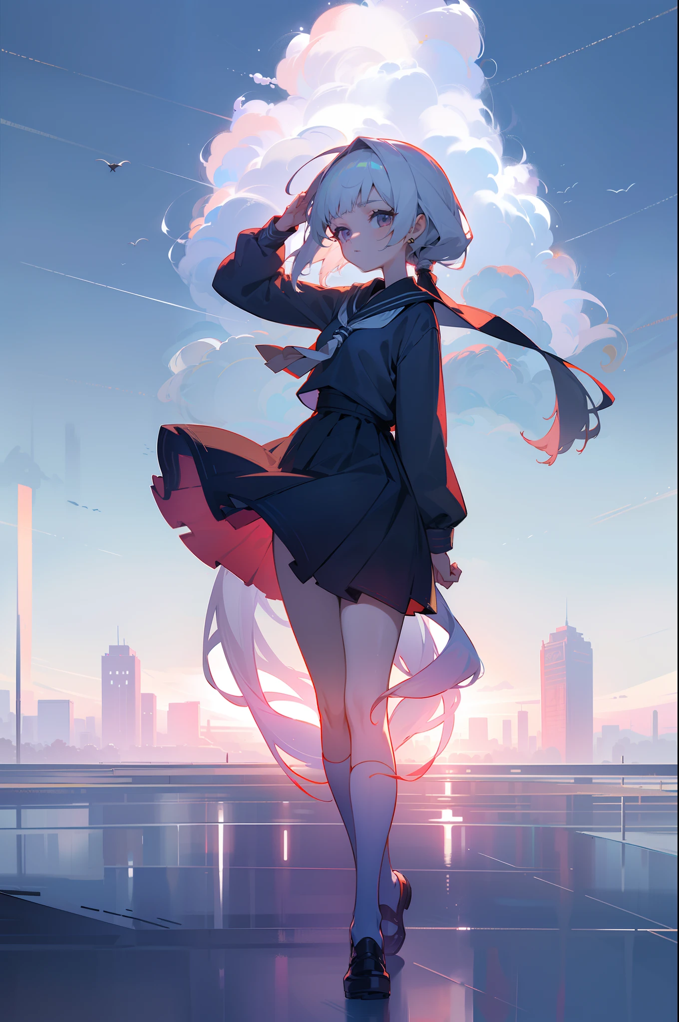 MKSKS style, (Very detailed background:1.0), (highly detailed back ground:1.0), 1girll, full_Body,,frontage,Masterpiece, Best quality, (1girll, Solo, Girl:1.2), ,standing,Mannequin,catwalks,white backgrounid,Floating on white background,Arm raised,,Low ponytail,Long-sided locks,White hair,Kicking,turning kick