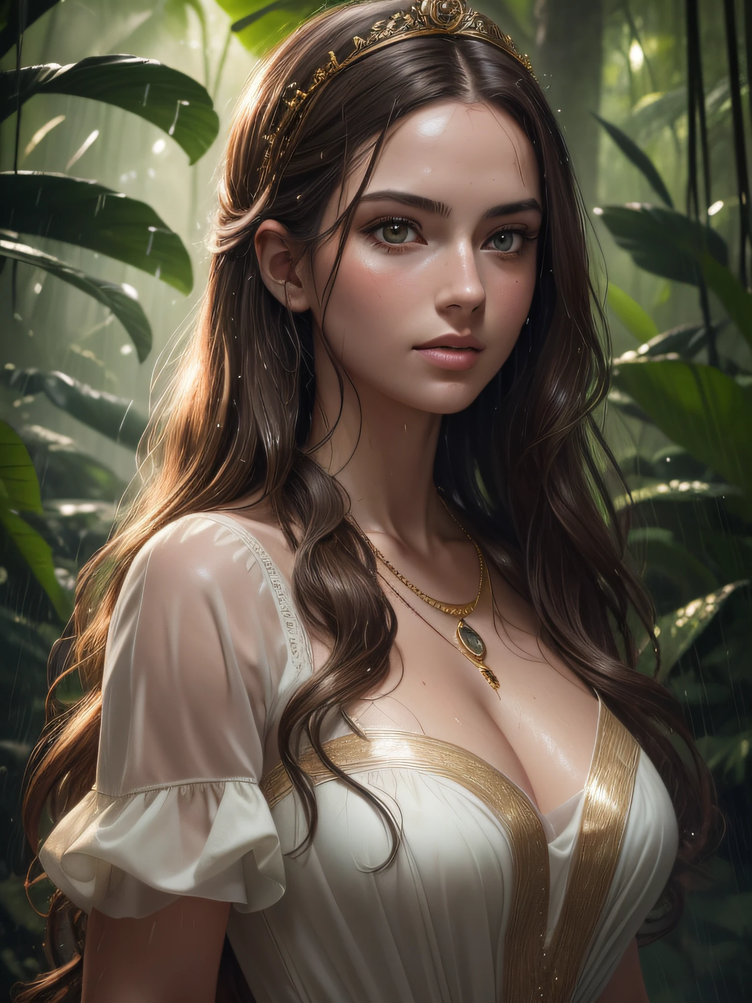 Full body photo of 25 year old European girl, RAW, beautiful woman, semi-parted strawberry lips, dimples, wistful gaze, (extra-long wavy brown hair), ((detailed face)), ((detailed facial features) )) , (finely detailed skin), pale skin, (high-tech princess dress with gold necklaces), rainy wet jungle setting, (cool colors), wet, wet, reflections, (masterpiece) (perfect proportion)(photo realistic)( best quality) (detailed) taken on a Canon EOS R5, 50mm lens, F/2.8, HDR, (8k) (wallpaper) (cinematic lighting) (dramatic lighting) (sharp focus) (complex) , RAW photo, RAW photo, in a jungle, in heavy rain, monochrome, vines everywhere, giant wet trees, masterpiece, best quality, high quality, extremely detailed unit CG, award winning photography, depth of field, HDR, bloom, chromatic aberration, photorealistic, extremely detailed, trending on artstation, trending on CGsociety, intricate, highly detailed, dramatic, in-between art, volumetric lighting
