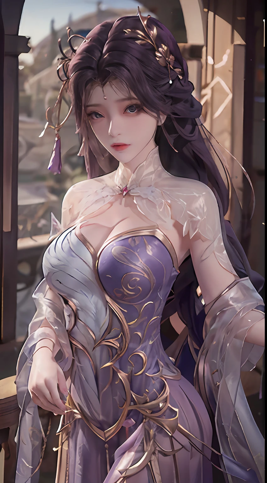 Bust photo, a beautiful woman, messy hair, girly, symmetrical bun, hair accessories, jewelry, delicate face, eye shadow, purple top, purple, purple, crop navel, purple long skirt, Dunhuang style, delicate embroidery, silver decoration, silver streamer, white streamer, light blue streamer, delicate skin, soft light effect, delicate and smooth hair, delicate details, eye highlights, fair skin, fine portrayal, extreme details, cinematic quality, thin, slender, broken, hair details, thin bangs, shawl hair, right body, shadow, air bangs, 8K, super fine, fine fabric texture, soft, smooth, smooth texture, Dunhuang style, delicate pattern, correct hand painting, ??????? correct, accurate, night, dark night, lighting, Tyndall effect, ray tracing, HUD,