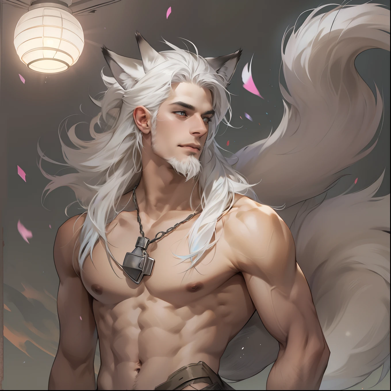 Male with light beard, flowing white hair, has wolf ears, has wolf tail, shirtless, happy, playful, solo, alone,