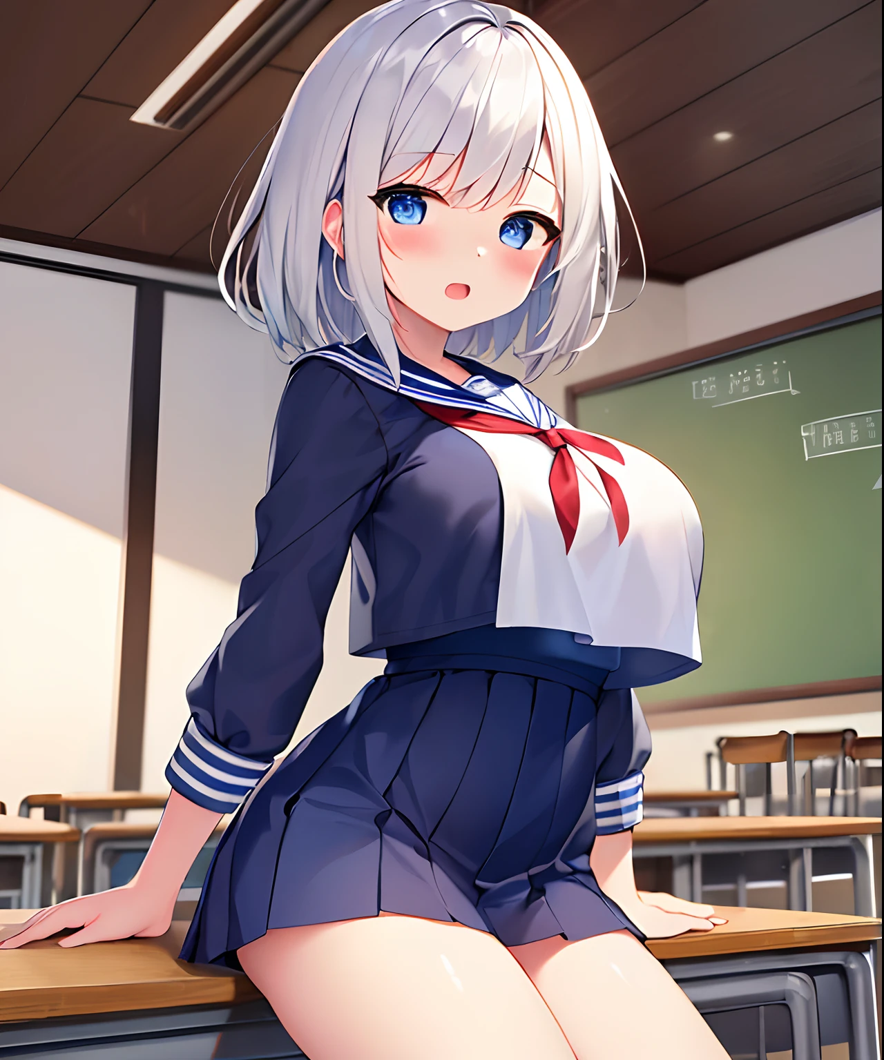 ((top-quality、masterpiece)),White hair、Medium Hair、Blue eyes、serene expressions、red blush、a sailor suit、girl with、Soio,bustshot、cute little、Classroom、【Big breasts:1.5】、(peitos fartos:1.5)
