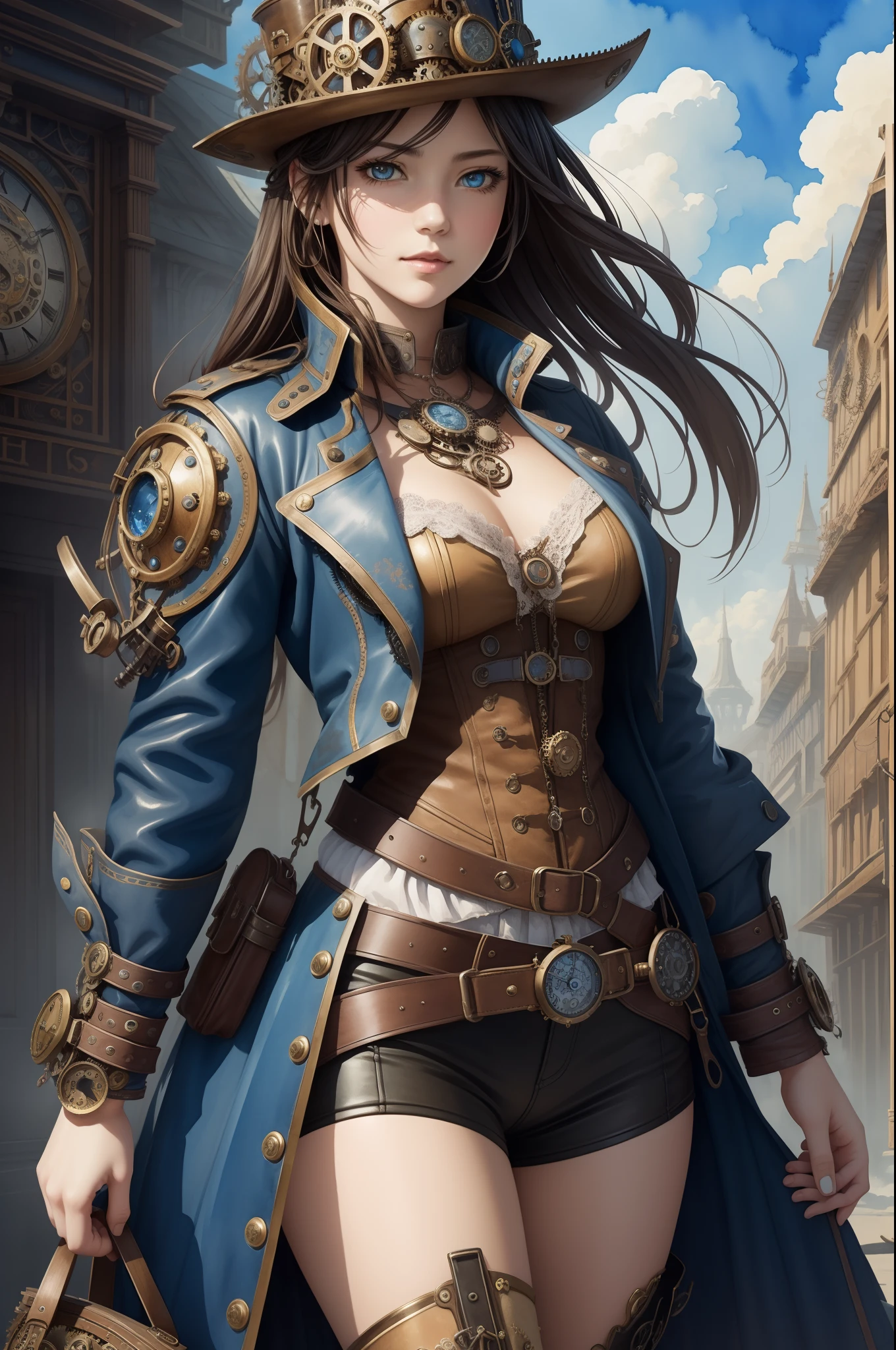 Steampunk style girl、Costumes decorated with many gears and clocks、Blue leather coat、Vast sky、Watercolor style entrance cloud、sunlight、Vibrant paintings、Depicted in detail、Detailed depiction、Smooth expression、Apple、