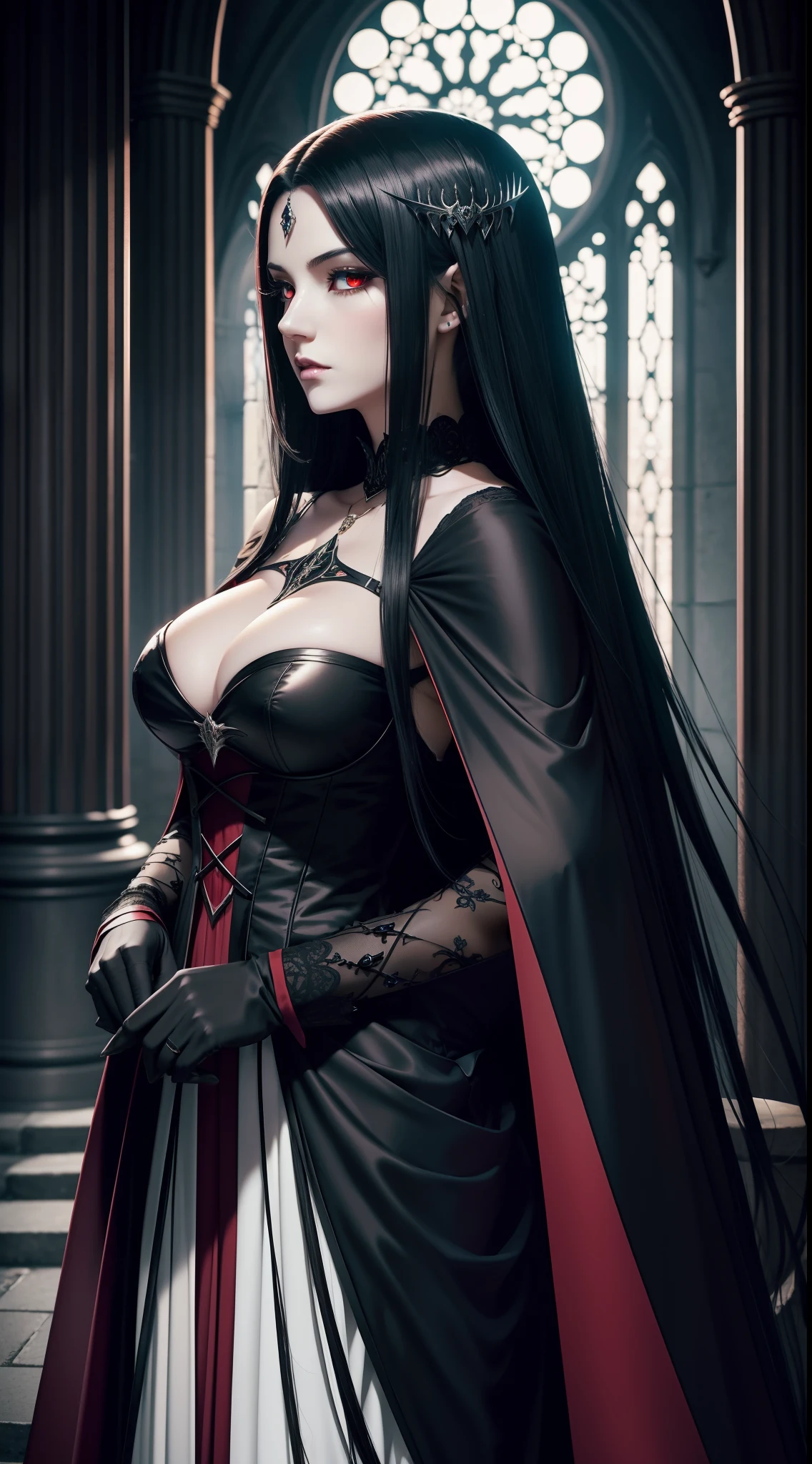 Beautiful ephemeral adult woman with long black hair and red pupils standing in front of the castle, Standard body wearing a white dress、breasts are not large、Gothic Otome Anime Woman, beautiful vampire queen, dark fantasy style art, beautiful vampire female queen, 8 K, Vampire Queen,queen of darkness、 female vampire, female vampire warrior, beautiful alluring anime woman, dark fantasy style, anime fantasy artwork