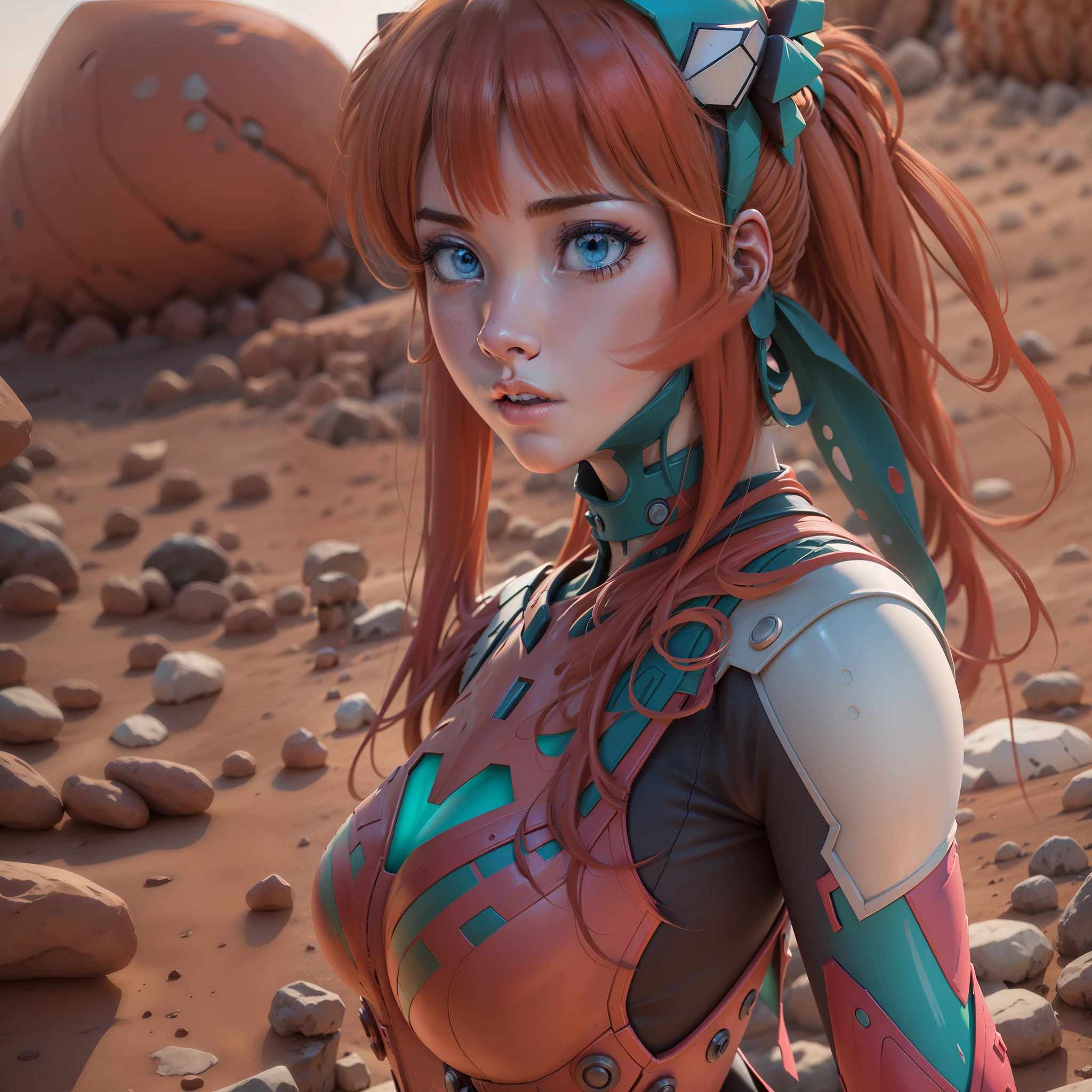 1 girl, Asuka Langley Shikinami, Caminando por un desierto de tierra roja, piedras rojas, ((ojos azules)), ((pecas en el rostro)), en plugsuit transparente, ((perfecto)), ((small ass)), (((DeepVnecklineslipdress))), Trazado de rayos, NVIDIA RTX, Super resolution, Irreal 5, Sub-Surface Scatterring, Texturas PBR, postprocesamiento, Anisotropic filtering, profundidad de campo, maximum sharpness and sharpness, Texturas multicapa, Mapeo de albedo y especular, sombreado de superficie, Accurate simulation of light-material interactions, proporciones perfectas, octane representation, duotone lighting, ISO bajo, balance de blancos, regla de tercios, apertura amplia, 8K RAW, high-efficiency subpixels, sub-pixel convolution, glow particles