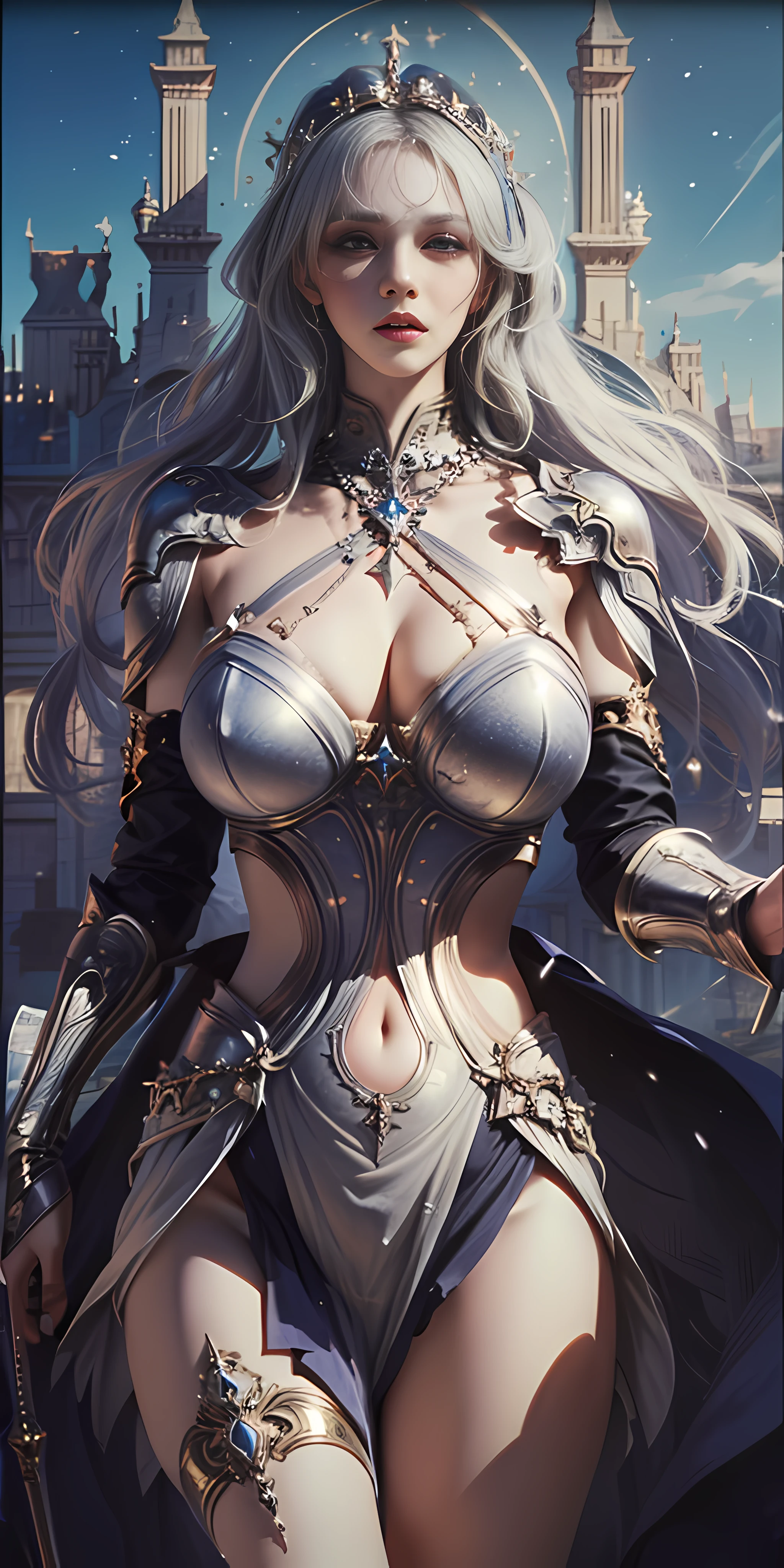 ((((Highest image quality, Best quality, Masterpiece, Transcendent beauty))), the most detailed skin, Realistic, the complex background, Cinematic, full bodyesbian, huge celestial city, machine wand, aristocratic clothes, magister, concept-art, Photoreal, Sideways