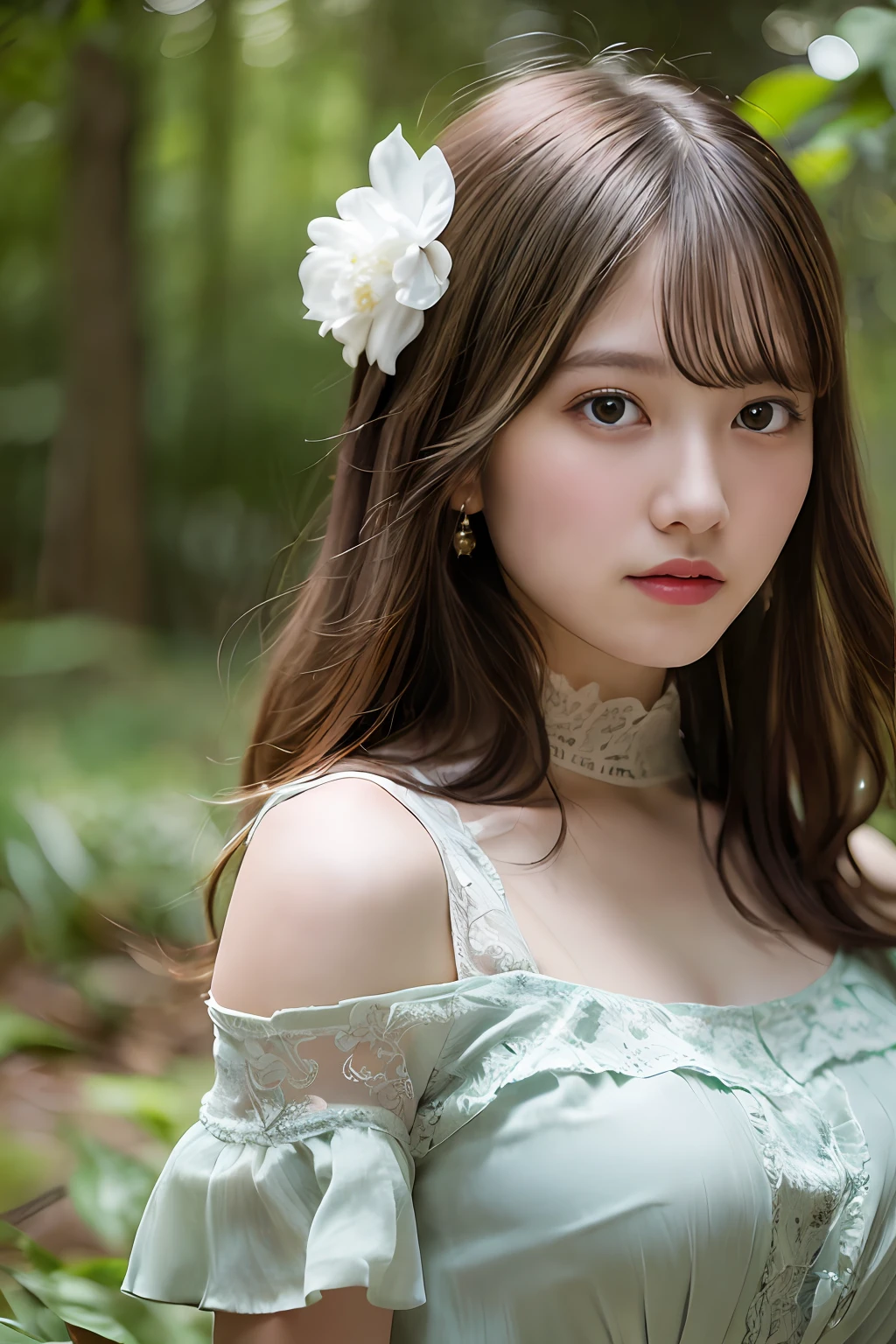 best quality, high resolution, extremely detailed photography, (photorealistic), upper body shot, professional lighting, ((a girl, solo)), beautiful detailed face and eyes, Euphoria, Wearing Maxi dress, in Enchanted forest