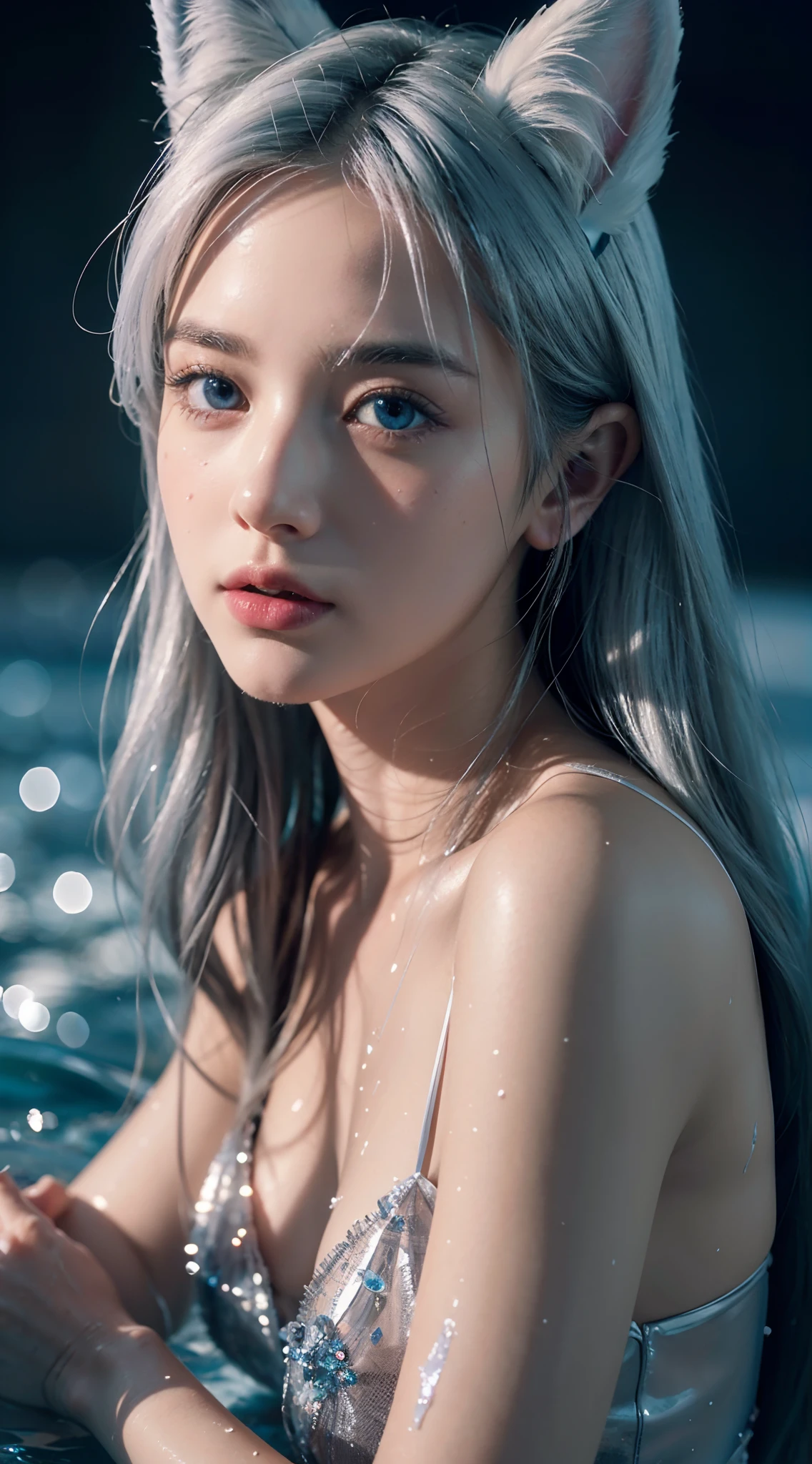 Seven-part photo,masterpiece, best quality,official art, extremelydetailed cg 8k wallpaper,(flying petals)(detailed ice) , crystalstexture skin, coldexpression, ((fox ears)),white hair, longhair, messy hair, blue eye,midium breasts,looking at viewer,extremely delicate andbeautiful, water, ((beautydetailed eye)), highlydetailed, cinematiclighting,((beautiful face),fine water surface, (originalfigure painting), ultra-detailed, incrediblydetailed, (an extremelydelicate and beautiful),beautiful detailed eyes,(best quality)