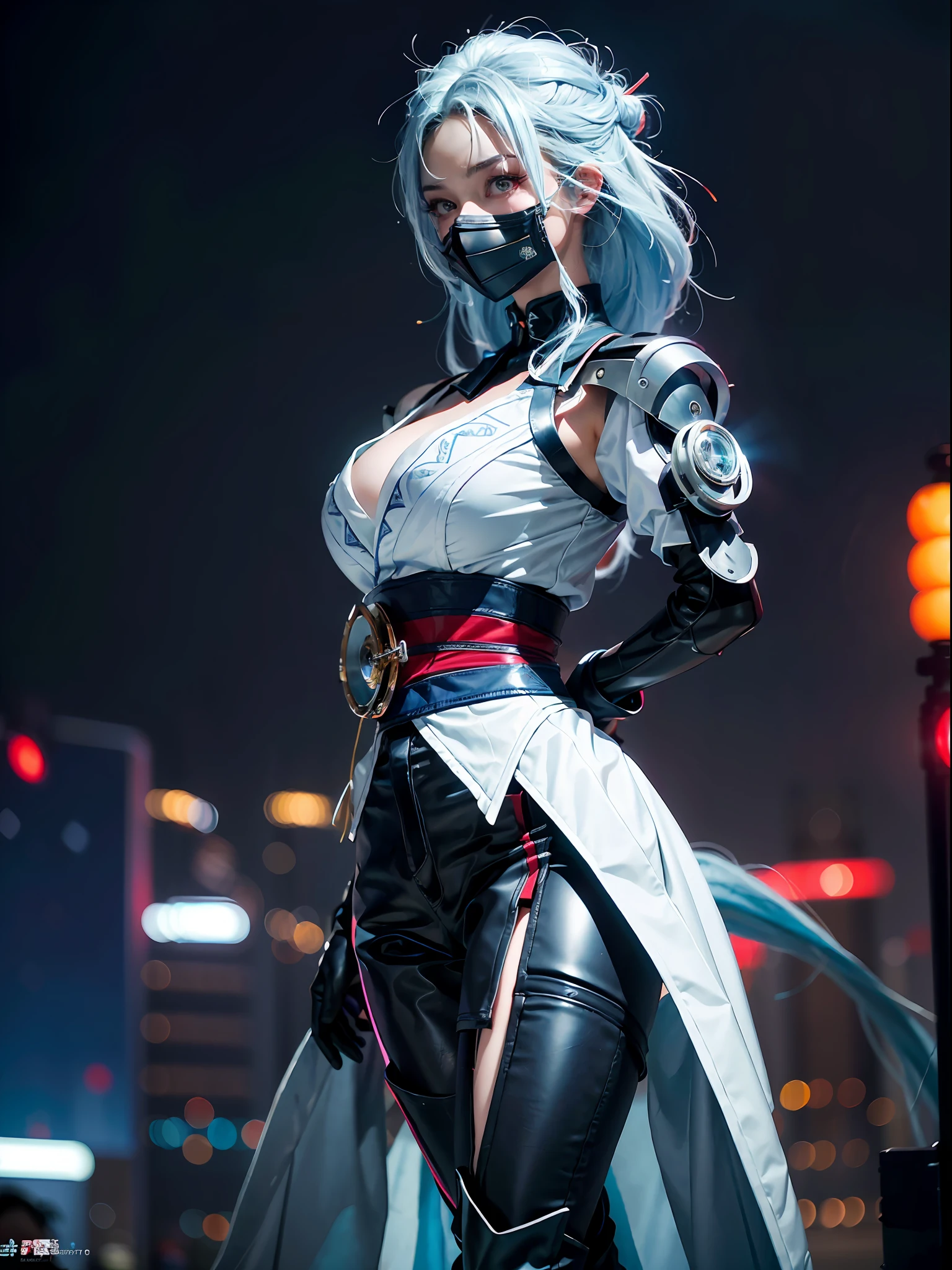 (Masterpiece, High quality:1.5), (Cyberpunk, Flat colors:1.05), Side view, A scared girl, (Sexy:0.9), Running, (Colored skin, Aquamarine skin:1.1), White hair, Gas masks, Sendai set, Beautiful detailed face, Glowing red eyes, (Dynamic pose, Dynamic Angle, Dynamic light:1.1), tiny body, Epic reality TV night Tokyo background, City lights, Explosion, (hight contrast, Vivid colors, filmgrain, color difference:1.07), Intricate details, Close-up, Motion blur