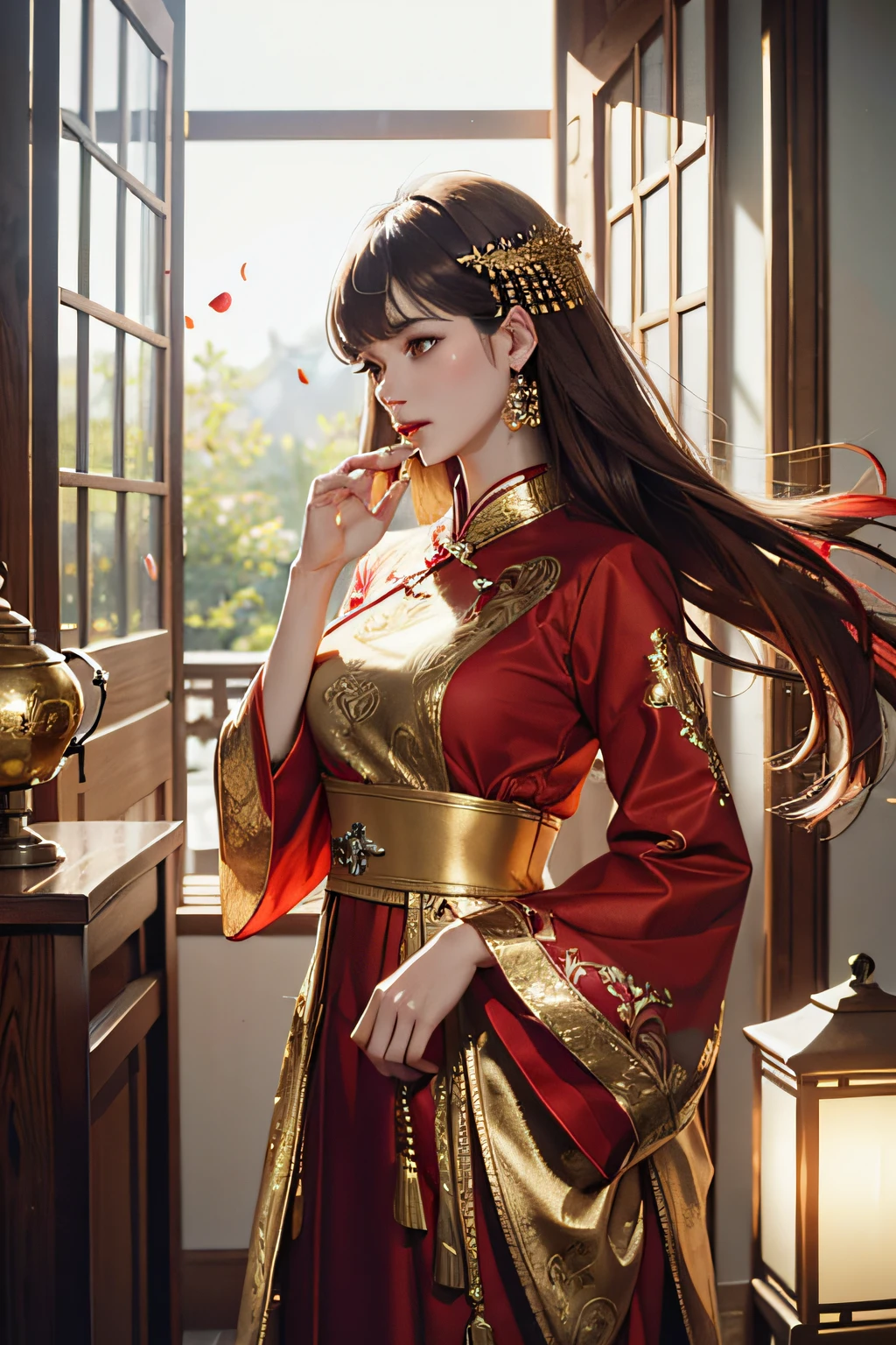 best quality, masterpiece, highres, (exquisite body:1.5),gorgeous face,(milky skin:1.3),intricate details,high resolution,wallpaper,
1girl, solo, dress, hair ornament, (((gold and red dress))), flowers, long hair, brown hair, closed mouth, jewelry, long sleeves, hand up, wide sleeves, big eyes,floating hair, chinese clothes, hanfu, embroidery, long skirt, natural pose, falling petals, indoor,fanning, lantern,
16K,HDR,highres,depth field,(film grain:1.1),boken,golden hour,(lens flare),vignette,rainbowing,(color grading:1.5)