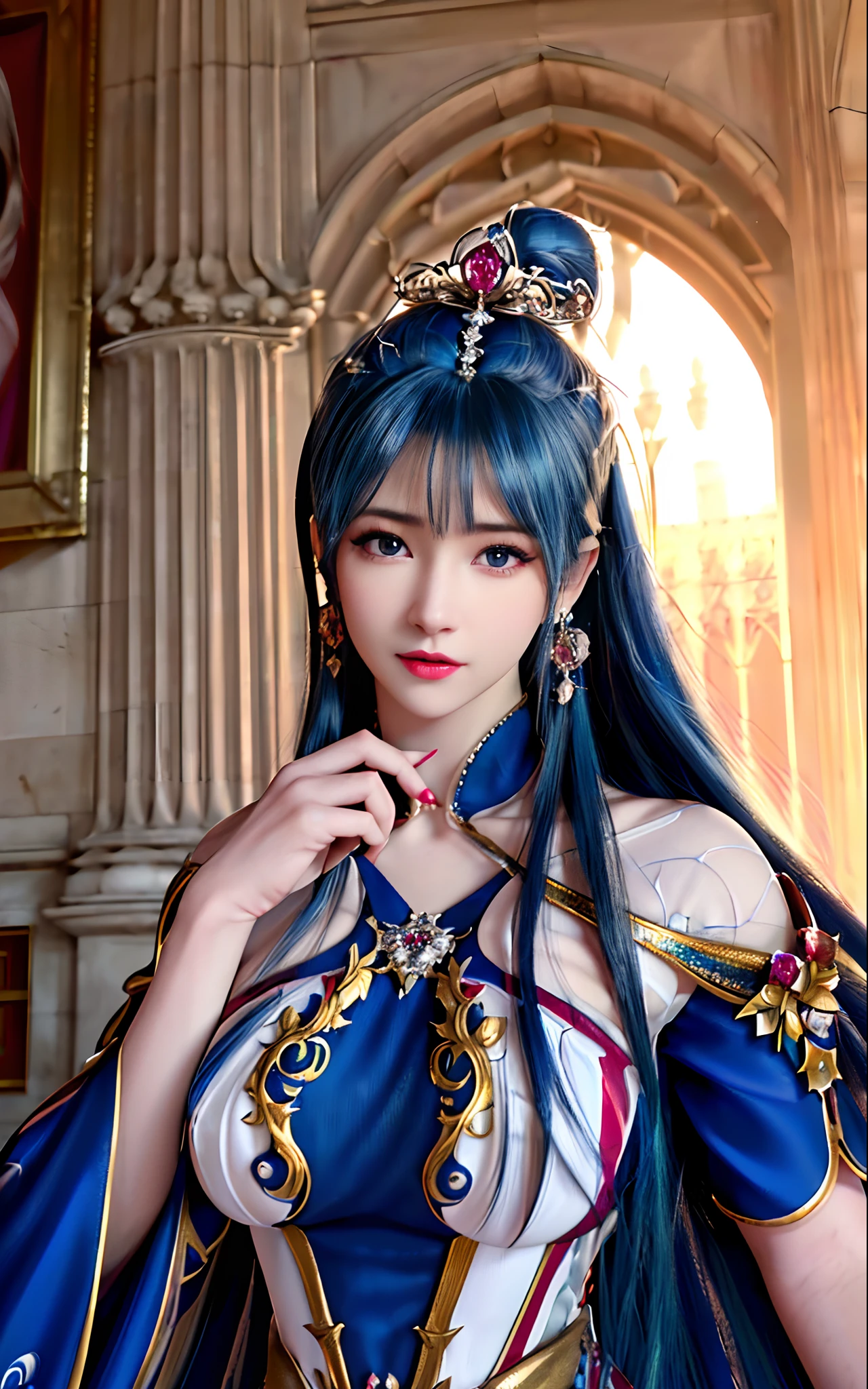 ((realisticity: 1.2)), ((realistic: 8K UHD)), ((best resolution: 8K UHD)), hyper detailed, best quality,masterpiece,highres,cg, ((1 girl hyper detailed and hyper realistic) ) , ((beautiful queen, hyper realistic and hyper detailed)),((white skin, beautiful, smooth, youthful, hyper realistic and hyper detailed )), ((Face hyper beautiful, white, hyper realistic and hyper detailed ) ), long hair, ((hyper realistic and hyper detailed dress)), solo, ((hyper realistic, hyper beautiful, beautiful and hyper detailed jewelry)), ((hyper beautiful deep red and golden yellow dress, hyper realistic and hyper detailed )) , ((Her pretty, hyper realistic, hyper detailed diamond filled earrings)), ((Her gorgeous diamond haircut, hyper realistic and hyper detailed)), ((hyper pretty upper body, hyper beautiful, hyper realistic and hyper detailed) ), ((medium breast: 1.5)), ((hyper realistic, hyper pretty, hyper detailed boobs)), ((the backgroun of the royal palace is hyper majestic, hyper realistic and hyper detailed)),((hands and palms hyper beautiful, hyper detailed, hyper realistic)), ((hyper pretty, hyper pretty, hyper realistic and hyper detailed hair bun)), ((hyper pretty , hyper realistic and hyper detailed blue hair)), candid, Photo, high resolution, 8k , bokeh,