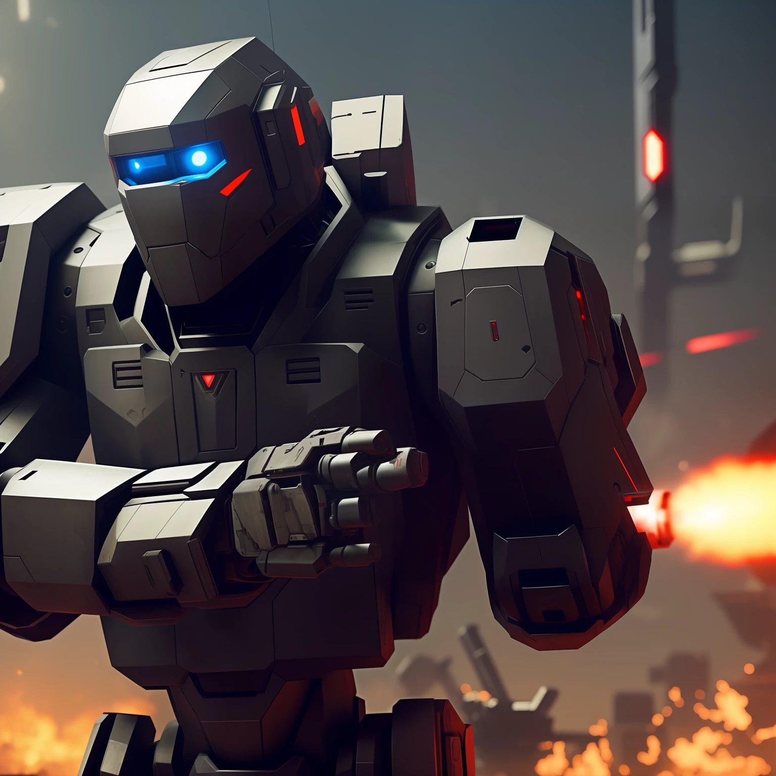 A war robot with many weapons in its armor, pointing his left arm with a gun over his forearm, Aiming at another robot