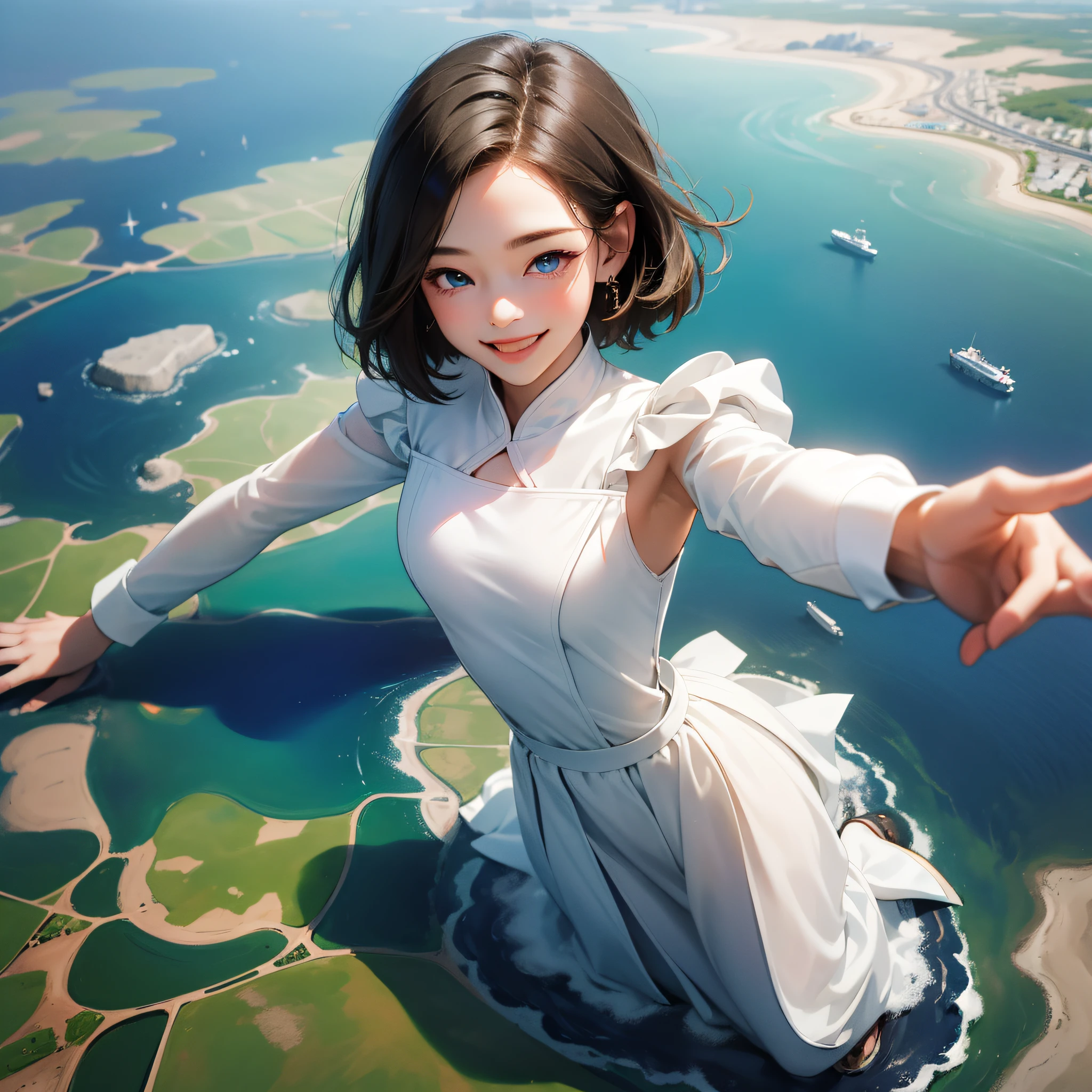 in 8K、top-quality、masterpiece:1.2)、1人の女性、(Smiling smile:1.1)、beautidful eyes、Valley、The upper part of the body、shorth hair、Like a boy 、Quirk hair、short-cut、