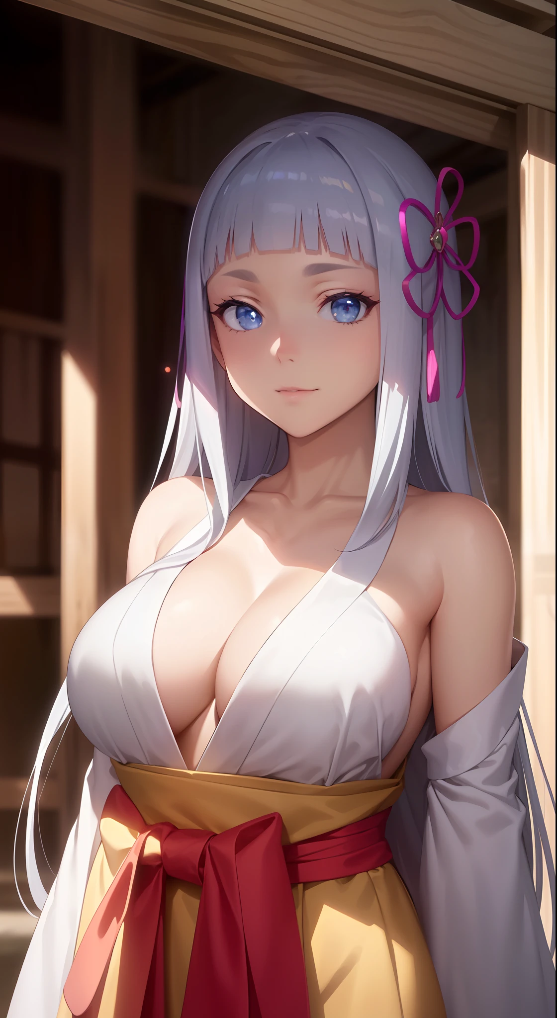 hair ornament, very long hair, japanese clothes, professional artwork, Intricate Details, field of view, sharp focus, detailed painting, photorealistic lighting, trending on pixiv, Standing at attention, ((large breasts:1,3)), Beautiful body,Beautiful Nose,Beautiful character design, perfect eyes, perfect face, looking at viewer, SFW,official art,extremely detailed CG unity 8k wallpaper, perfect lighting,Colorful, Bright_Front_face_Lighting, (masterpiece:1.0),(best_quality:1.0), ultra high res,4K,ultra-detailed, photography, 8K, HDR, highres, absurdres:1.2, Kodak portra 400, film grain, blurry background, bokeh:1.2, lens flare, (vibrant_color:1.2), shikkoku_yorihime, (seductive look), ((looking at viewer, front body pose))