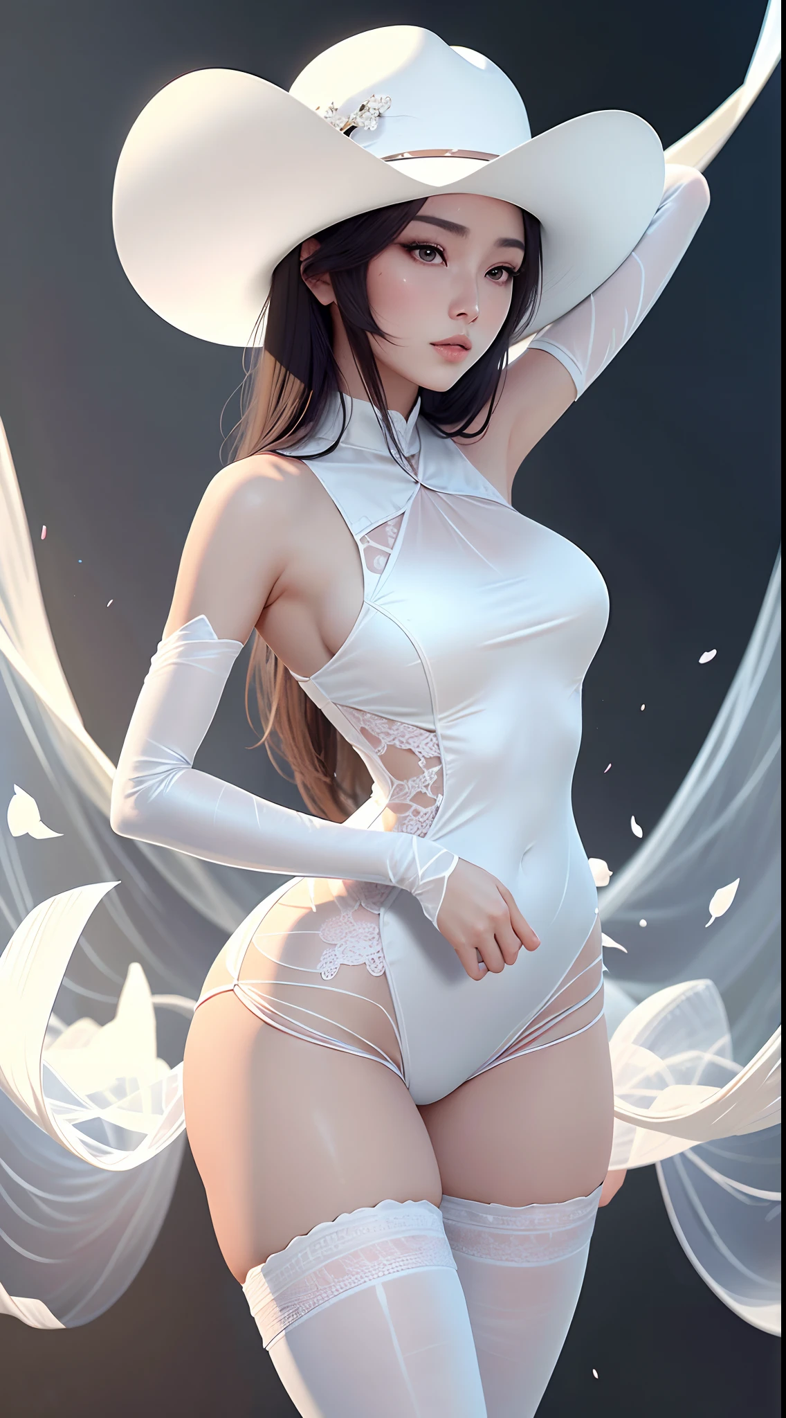 Araff woman posing for photo in white dress and cowboy hat, gorgeous chinese models, Beautiful Asian girl, Japanese goddess, Sexy dress, tight attire, Smooth translucent white skin, very sexy outfit, dressed in a beautiful white, Beautiful asian woman, Sexy girl, Asian girl, Sexy body, seductive anime girls, trending at cgstation, Realistic perfect figure wearing stockings