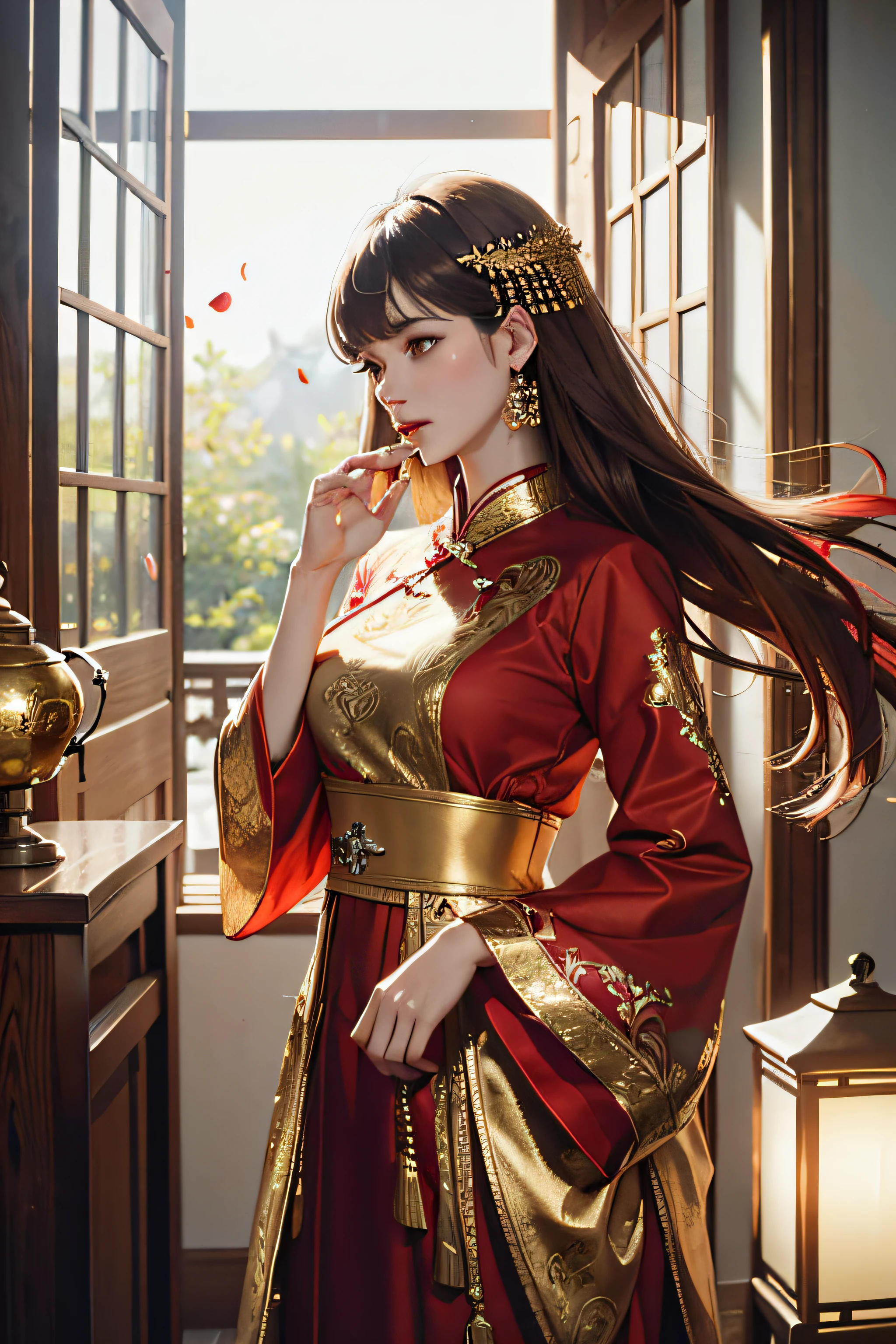 best quality, masterpiece, highres, (exquisite body:1.5),gorgeous face,(milky skin:1.3),intricate details,high resolution,wallpaper,
1girl, solo, dress, hair ornament, (((gold and red dress))), flowers, long hair, brown hair, closed mouth, jewelry, long sleeves, hand up, wide sleeves, big eyes,floating hair, chinese clothes, hanfu, embroidery, long skirt, natural pose, falling petals, indoor,fanning, lantern,
16K,HDR,highres,depth field,(film grain:1.1),boken,golden hour,(lens flare),vignette,rainbowing,(color grading:1.5)