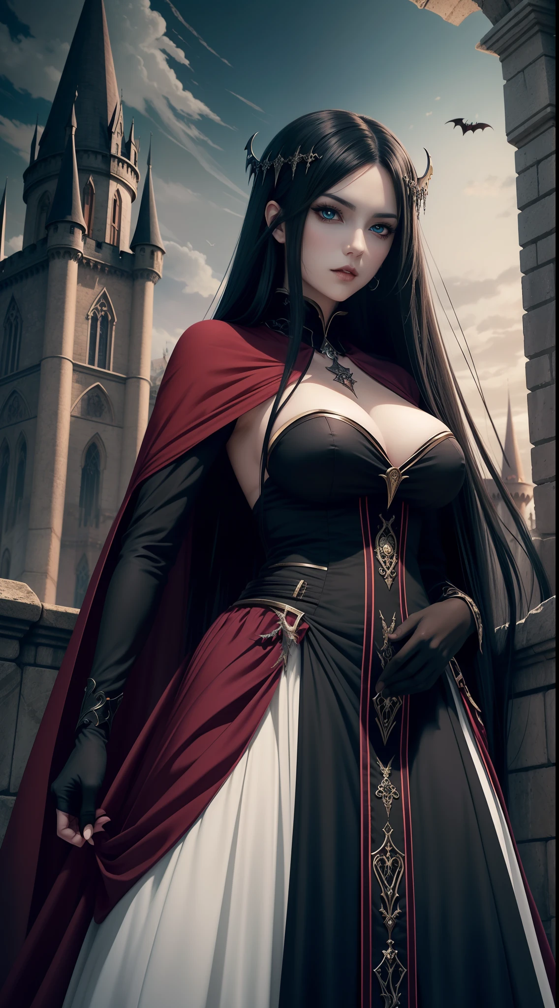 Beautiful ephemeral adult woman with long black hair and red pupils standing in front of the castle, Standard body wearing a white dress、breasts are not large、Gothic Otome Anime Woman, beautiful vampire queen, dark fantasy style art, beautiful vampire female queen, 8 K, Vampire Queen,queen of darkness、 female vampire, female vampire warrior, beautiful alluring anime woman, dark fantasy style, anime fantasy artwork