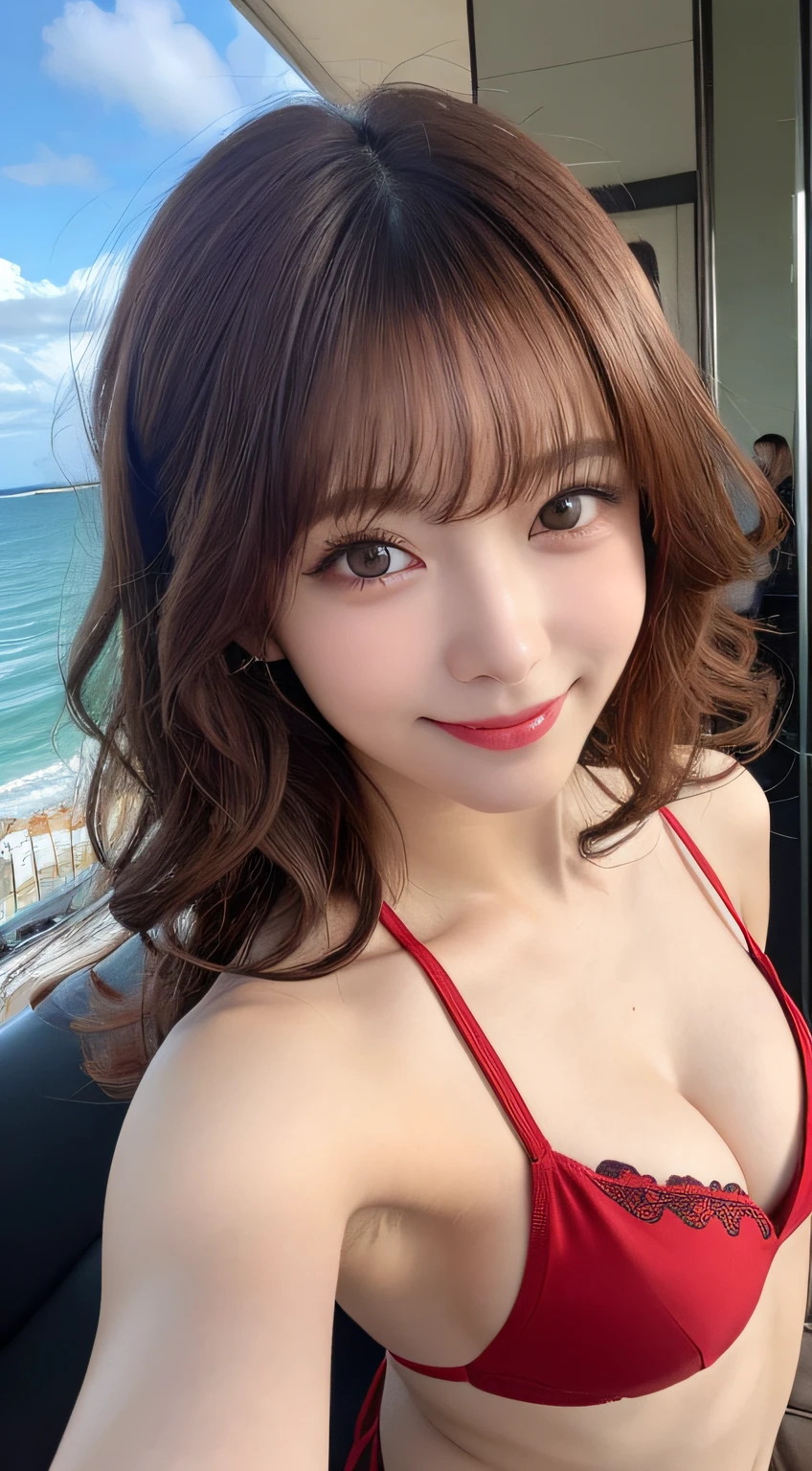 masutepiece, Best Quality, Illustration, Ultra-detailed, finely detail, hight resolution, 8K Wallpaper, Perfect dynamic composition, Beautiful detailed eyes, red bikini of,Medium Hair, Big breasts, Natural Color Lip, Smile,selfie photo,Hotel, veranda, ocean view,Curly hair