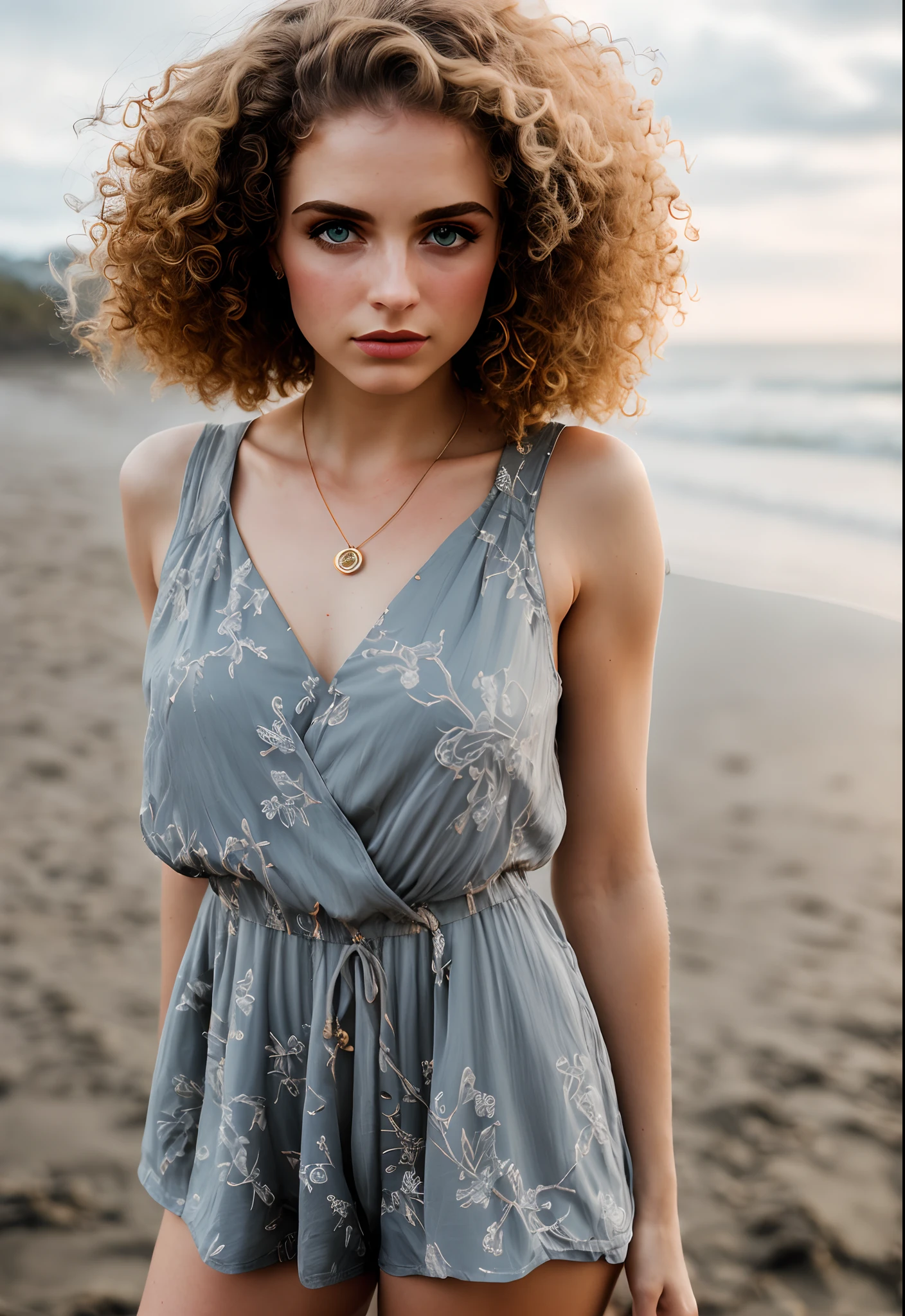 (sharp focus:1.2), photo, attractive young woman, (beautiful face:1.1), detailed eyes, luscious lips, (cat eye makeup:0.85), (large eyes:1.0), (toned body:1.2), (curly hair:1.2), wearing (romper:1.2) on a (beach:1.2). (moody lighting:1.2), depth of field, bokeh, 4K, HDR. by (James C. Christensen:1.2|Jeremy Lipking:1.1).