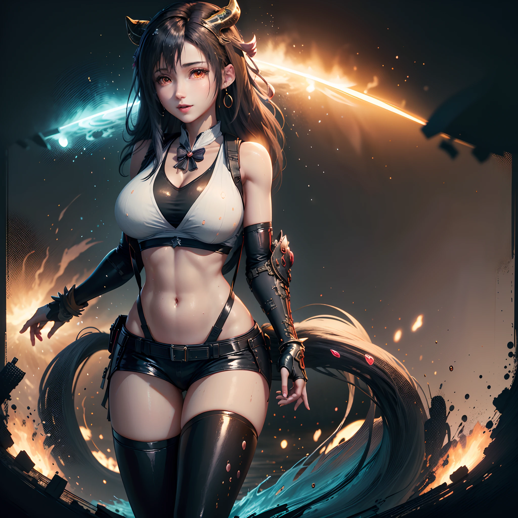 ((Cute anime girl)), ((Animation style)), ((Princess style)), has horns on its head, and has two red and yellow horns on its head. The ends of the hair are curly. White transparent cheongsam. (Wearing a white transparent fabric cheongsam, Chest opening, best fabric material, The performance of the fabric in 8K, rendering by calculation of physics engine):: 1.96. (High image quality, detailed CG art), (beautiful illumination and shadows, Floating effect) (1 person) (Shiny hair, Blue hair: 1.2 + Gray hair: 1.6), when the skin between the chest volume and the lower abdomen is moist, the dripping water and sweat drops slide down together, Sexy and gorgeous, still photos convey a dynamic effect. The female body is beautiful, Very sexy, Attractive, full of seduction, and the transparent texture of the leggings is just right. My eyes lit up. ((Low saturation)), ((Oily skin)), ((Water droplets on the skin)), (Erotic)): 1.6. The body is moist and shiny, The body is moist and shiny, The body is moist and shiny, the breasts are large, The buttocks are large. ((Masterpiece)), Top quality, Super detailed, Very realistic, The whole body is wet, Rained, all sweat beads are clearly visible. (Masterpiece:1.6), hyper HD, 1 girl, Very detailed, Beautiful, Detailed eyes, View viewer, Strong Dark Color, (Dynamic), (Epic), Sharp focus, (Intricate details: 1.86), Full color, nano, bangs, No shoulder strap, belt, Gold striped transparent heart nipstick, Blue sky, Bracelet, Breasts, (Orange eyes: 1.72), Buble, cleavage, Clouds, Daytime, Earrings, Flowing hair, blue transparent heart nipple sticker, groin, obvious vest line, jewelry, Big, Long hair, navel, Orange hair, clear latex pants, shoulder tattoo, distinct clavicle, sky, Smiling, Single, standing, nipple seals only on upper body, Tattoos, (strength: 1.4), (full bodyesbian)), body wet and shiny, (Depth of field), (Best quality:1.5), 8K