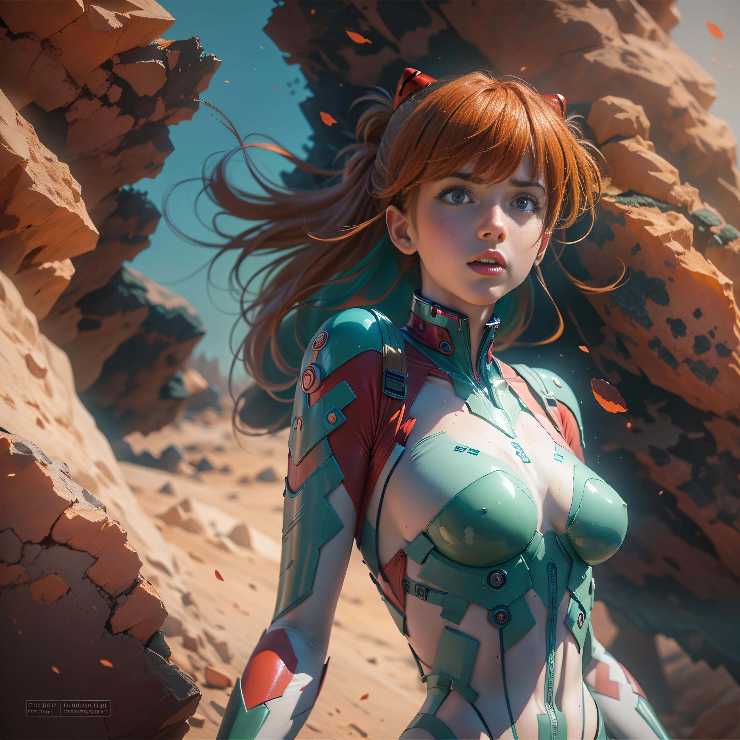 1 girl, Asuka Langley Shikinami, Caminando por un desierto de tierra roja, piedras rojas, ((ojos azules)), ((pecas en el rostro)), en plugsuit transparente, ((perfecto)), ((small ass)), (((DeepVnecklineslipdress))), Trazado de rayos, NVIDIA RTX, Super resolution, Irreal 5, Sub-Surface Scatterring, Texturas PBR, postprocesamiento, Anisotropic filtering, profundidad de campo, maximum sharpness and sharpness, Texturas multicapa, Mapeo de albedo y especular, sombreado de superficie, Accurate simulation of light-material interactions, proporciones perfectas, octane representation, duotone lighting, ISO bajo, balance de blancos, regla de tercios, apertura amplia, 8K RAW, high-efficiency subpixels, sub-pixel convolution, glow particles