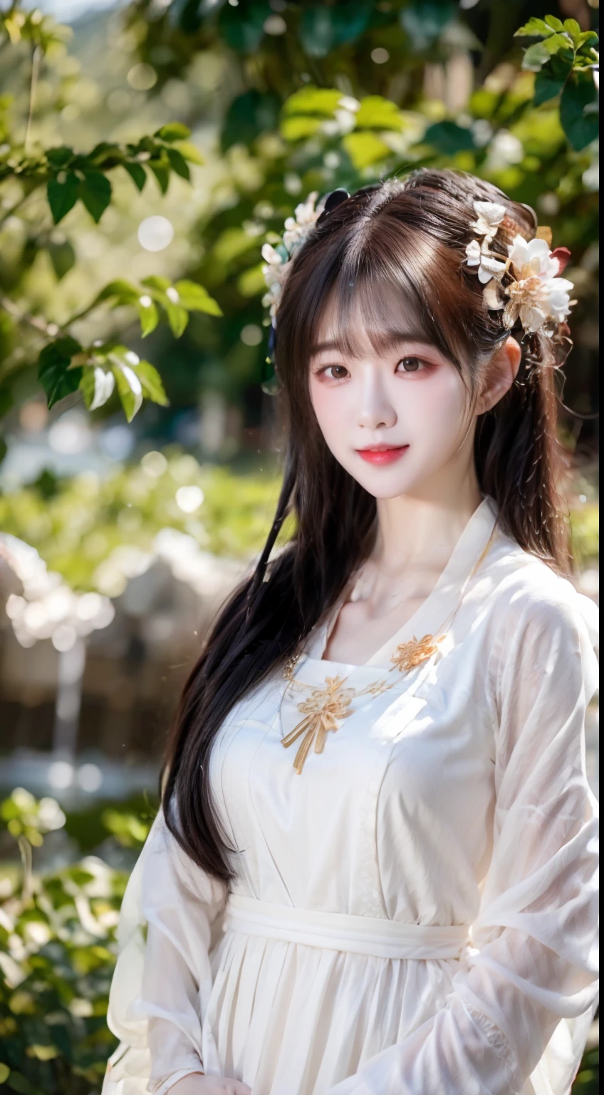 closeup on face, Face shot, (White dress :1.7), short miko skirt, Long streamers, blonde hairs, golden hair, (Pointed ears: 1.5), (Gold pattern quality:1.3), female pubic hair, with long blond hair, Off-the-Shoulders, Top detail CG quality 4K wallpaper, Master, A Masterpiece, portraits, The middle, Watch the footage, Beautiful Chinese-Korean mixed race idol, ((Super fine face, detailed description of facial features)), Lip biting makeup, Sweet smile, Perfect facial features, Model figure, Good complexion, the trees, branches, Golden meadow, stream, Golden leaves, Evening, Twilight, The setting sun, Twilight, autumn, twin braids, hair strand, diagonal bangs, hair ribbon, hair ornament, forehead jewel, jeweled branch of hourai, crescent hair ornament, fish hair ornament, hime cut, low ponytail, realism, god rays, sparkle, cinematic lighting, lens flare, UHD, high details, high quality, highres, best quality, 8k, 16k, high details, high quality, super detail, anatomically correct, masterpiece, ccurate