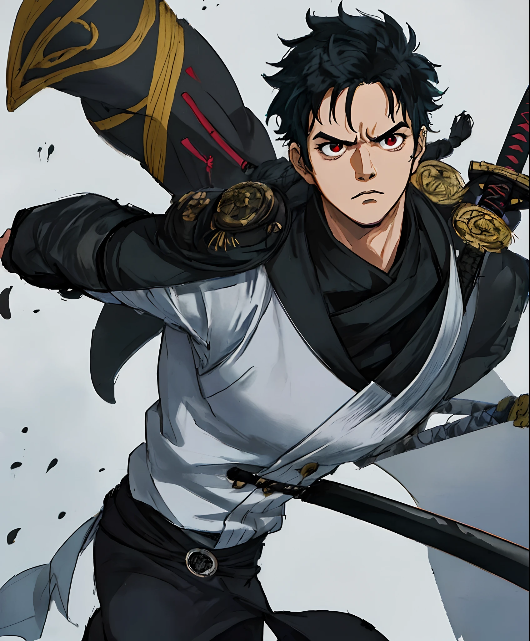 1boy, wanostyle, black hair, long hair, red eyes, piercing eyes, cute face, handsome, black clothing, revealing, zoro clothing, sword sheathed, katana, human, teenage, dojo, serious face, ((masterpiece)), (best quality), (extremely detailed), depth of field, sketch, soft lighting, hdr, colorful, good composition, spectacular, anime screencap, full body, luffy art style, eichiro oda art style, swordsman, 1katana sheathed.