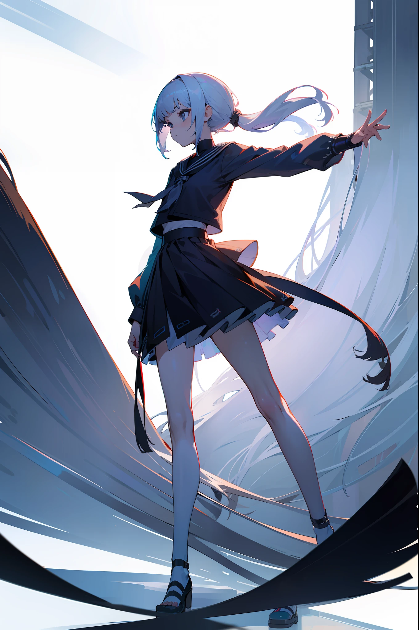 MKSKS style, (Very detailed background:1.0), (highly detailed back ground:1.0), 1girll, full_Body,,frontage，Masterpiece, Best quality, (1girll, Solo, Girl:1.2), ，standing,Mannequin，catwalks，white backgrounid，Floating on white background，Arm raised，，Low ponytail，Long-sided locks，White hair，Kicking,turning kick