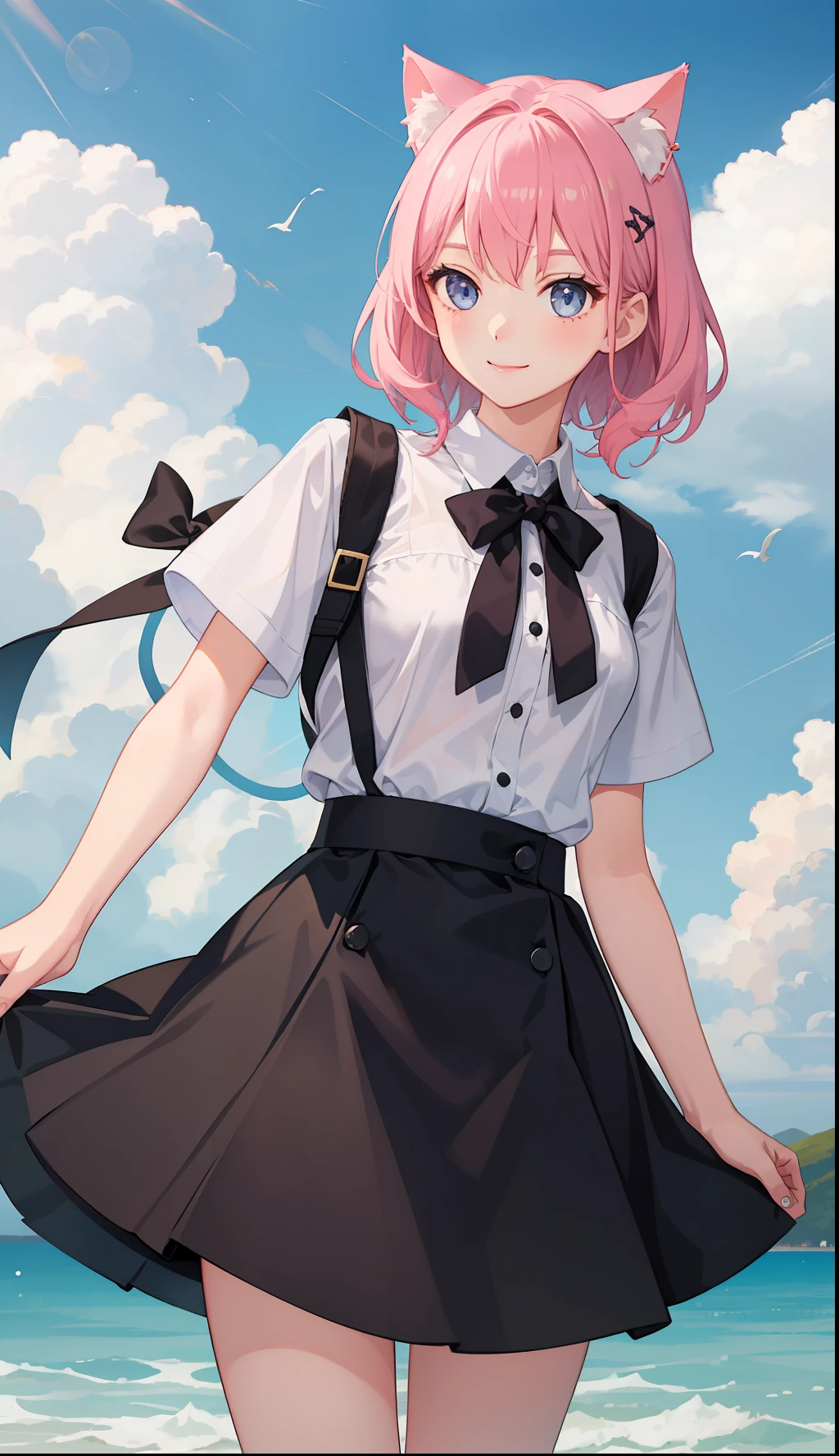 1girl in、A smile、A delightful! The shirt、skirt by the、(small tits)cat ear、