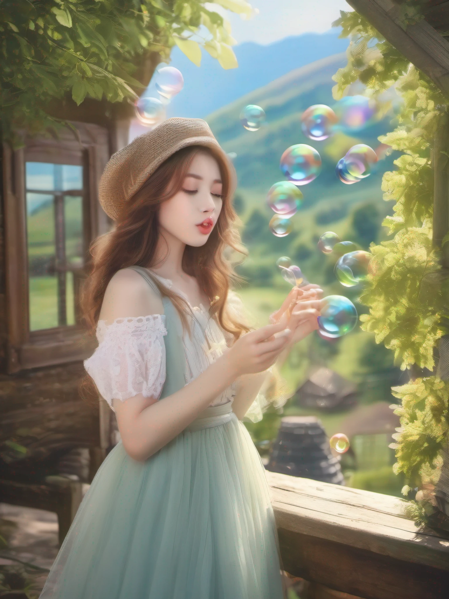 Beautiful girl blowing soap bubbles、Beautiful countryside scenery