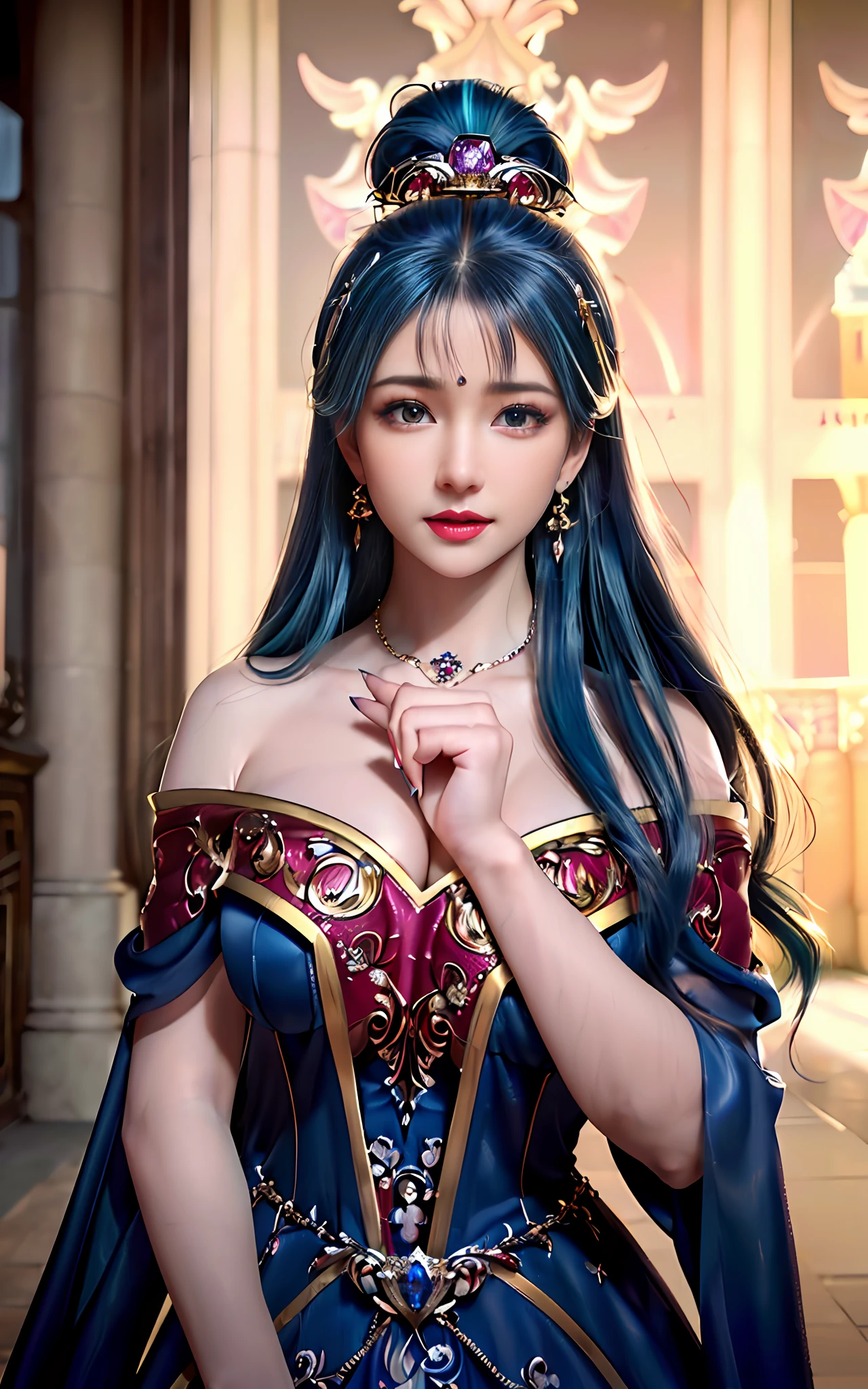 ((realisticity: 1.2)), ((realistic: 8K UHD)), ((best resolution: 8K UHD)), hyper detailed, best quality,masterpiece,highres,cg, ((1 girl hyper detailed and hyper realistic) ) , ((beautiful queen, hyper realistic and hyper detailed)),((white skin, beautiful, smooth, youthful, hyper realistic and hyper detailed )), ((Face hyper beautiful, white, hyper realistic and hyper detailed ) ), long hair, ((hyper realistic and hyper detailed dress)), solo, ((hyper realistic, hyper beautiful, beautiful and hyper detailed jewelry)), ((hyper beautiful deep red and golden yellow dress, hyper realistic and hyper detailed )) , ((Her pretty, hyper realistic, hyper detailed diamond filled earrings)), ((Her gorgeous diamond haircut, hyper realistic and hyper detailed)), ((hyper pretty upper body, hyper beautiful, hyper realistic and hyper detailed) ), ((medium breast: 1.5)), ((hyper realistic, hyper pretty, hyper detailed boobs)), ((the backgroun of the royal palace is hyper majestic, hyper realistic and hyper detailed)),((hands and palms hyper beautiful, hyper detailed, hyper realistic)), ((hyper pretty, hyper pretty, hyper realistic and hyper detailed hair bun)), ((hyper pretty , hyper realistic and hyper detailed blue hair)), candid, Photo, high resolution, 8k , bokeh,