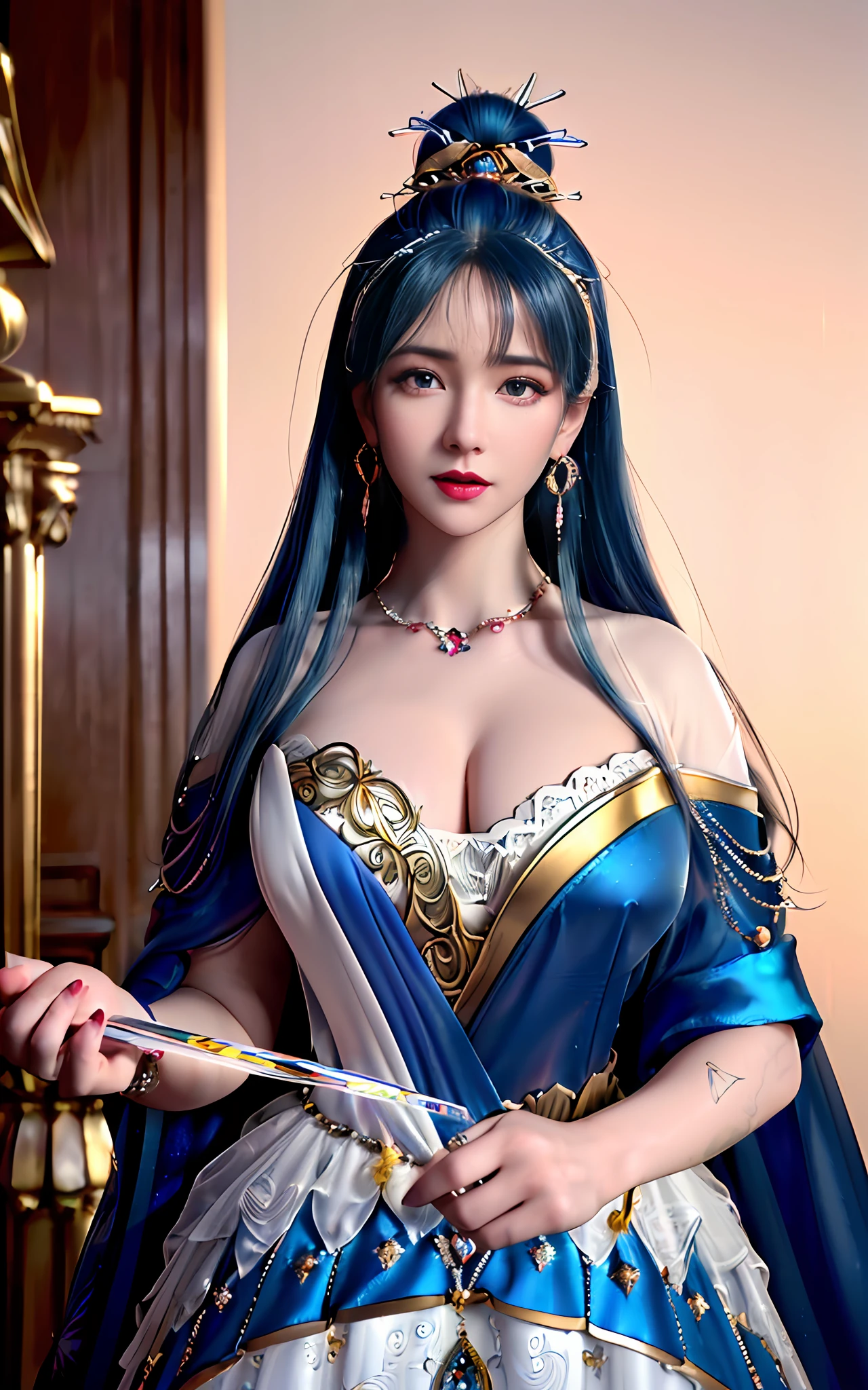 ((realisticity: 1.2)), ((realistic: 8K UHD)), ((best resolution: 8K UHD)), hyper detailed, best quality,masterpiece,highres,cg, ((1 girl hyper detailed and hyper realistic) ) , ((beautiful queen, hyper realistic and hyper detailed)),((white skin, beautiful, smooth, youthful, hyper realistic and hyper detailed )), ((Face hyper beautiful, white, hyper realistic and hyper detailed ) ), long hair, ((hyper realistic and hyper detailed dress)), solo, ((hyper realistic, hyper beautiful, beautiful and hyper detailed jewelry)), ((hyper beautiful deep red and golden yellow dress, hyper realistic and hyper detailed )) , ((Her pretty, hyper realistic, hyper detailed diamond filled earrings)), ((Her gorgeous diamond haircut, hyper realistic and hyper detailed)), ((hyper pretty upper body, hyper beautiful, hyper realistic and hyper detailed) ), ((medium breast: 1.5)), ((hyper realistic, hyper pretty, hyper detailed boobs)), ((the backgroun of the royal palace is hyper majestic, hyper realistic and hyper detailed)),((hands and palms hyper beautiful, hyper detailed, hyper realistic)), ((hyper pretty, hyper pretty, hyper realistic and hyper detailed hair bun)), ((hyper pretty , hyper realistic and hyper detailed blue hair)), candid, Photo, high resolution, 8k , bokeh,