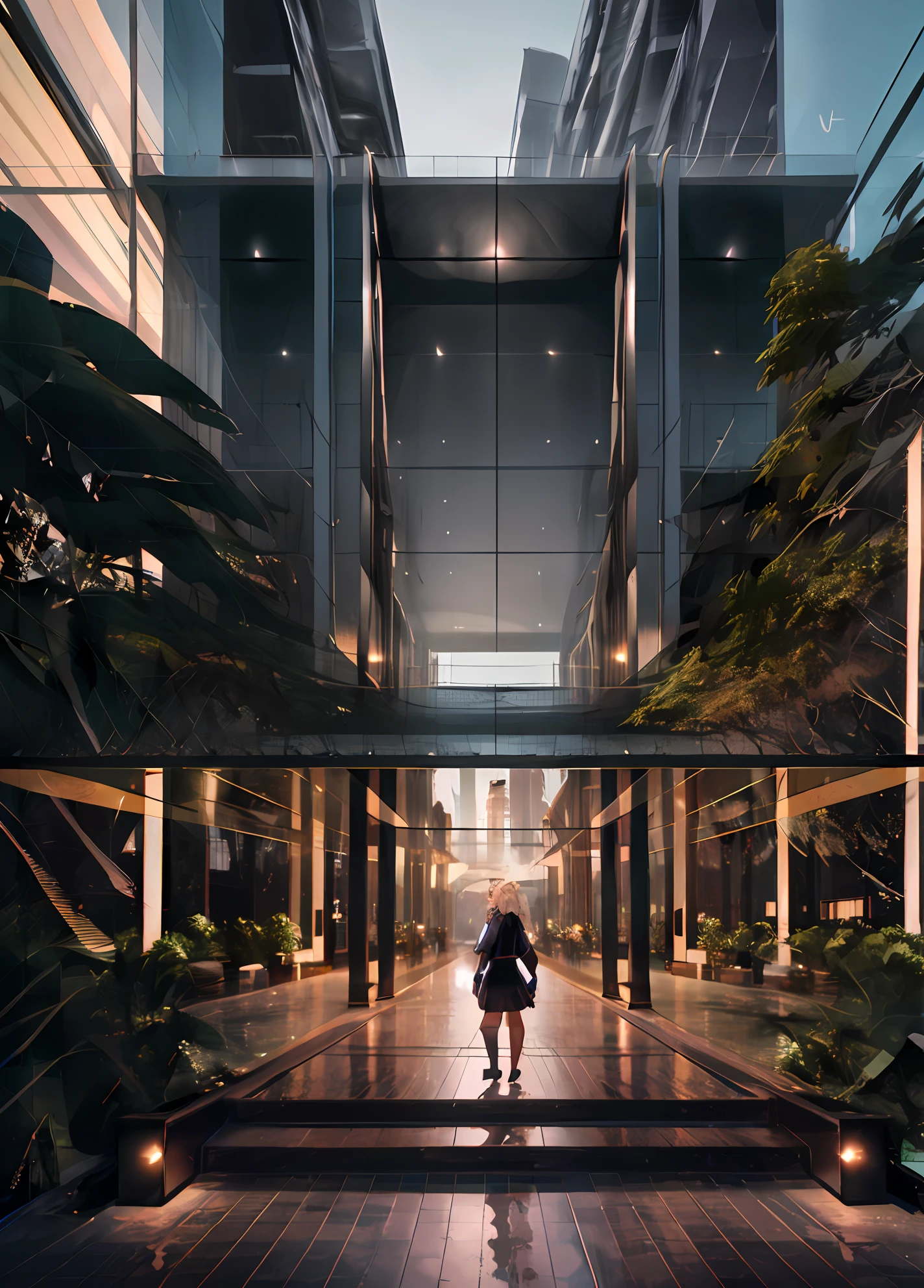 There is a woman walking in the aisle of a building, elegant walkways between towers, Ultra-realistic symmetry 8K, a foster and partners, Beeple rendering, 8 k cg render, award-winning render, hyper real render, Realistic 8K rendering, 3d render beeple, a photorealistic rendering, Insanely detailed rendering, hyper realistic rendering