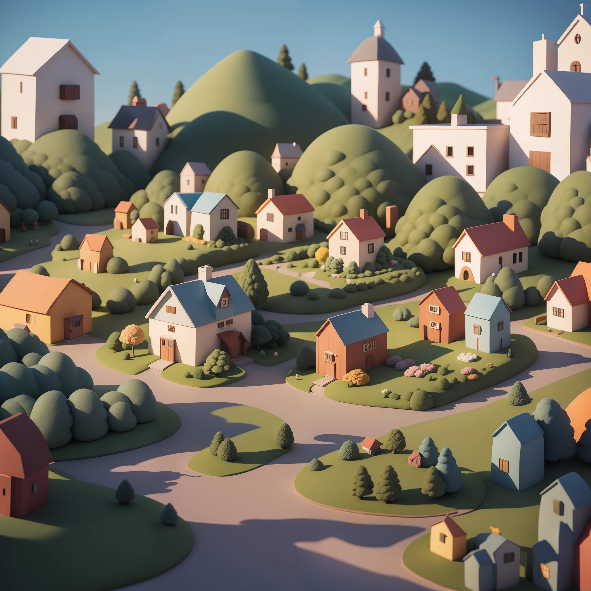 cute world of wool felt, wool knitted fabric, cartoon, some small houses, farms, barracks, warehouses, flower houses, super cute, superb lighting, volumetrics, by Jon Klassen, Ghibli Studio style, Tilt - shift, 80mm lens, Large aperture, 3d, blender, masterpiece, super detail, best quality