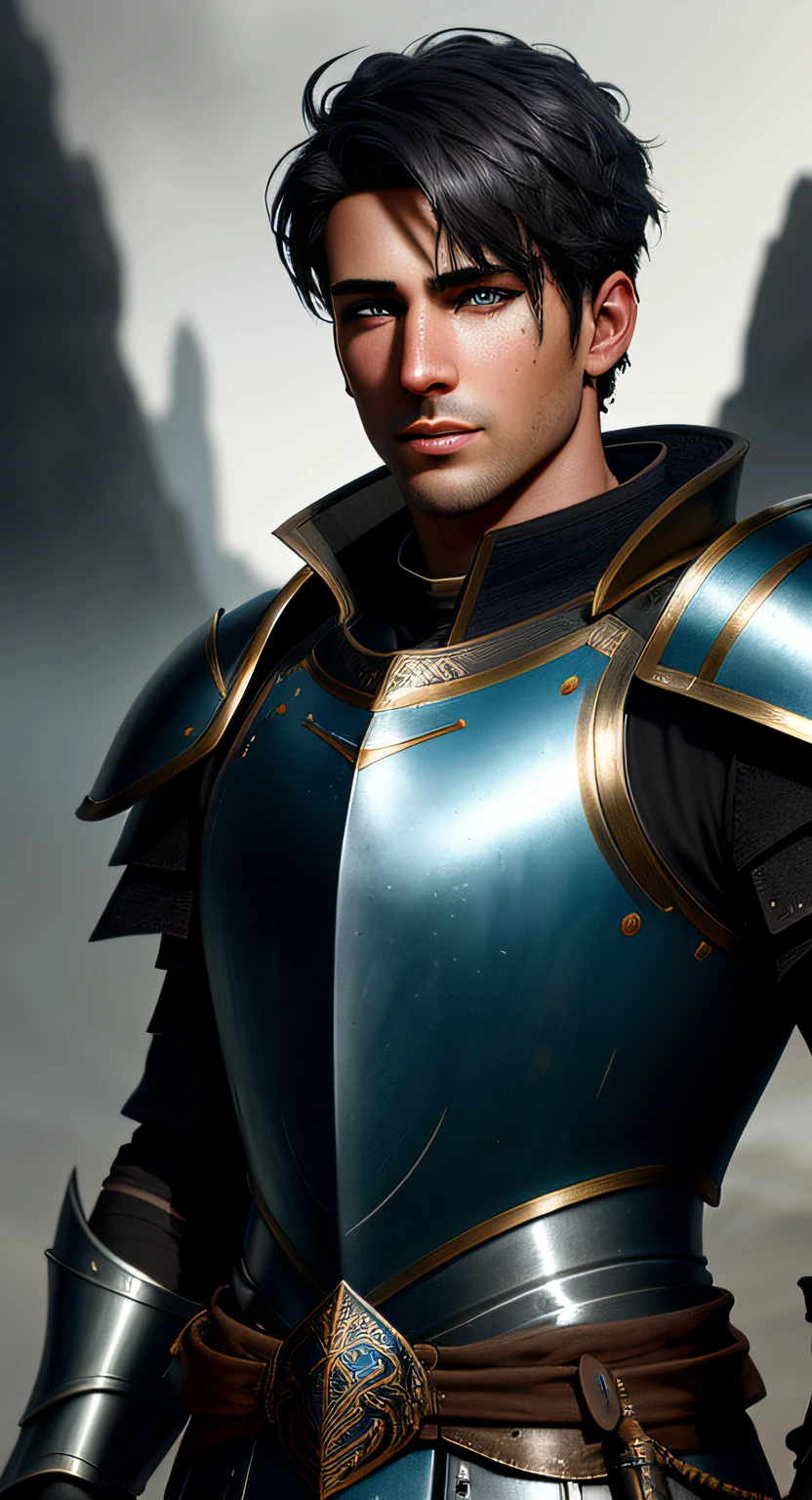 Painted a portrait of a handsome young boy,Short hair, Wear a full set of polished bronze medieval armor and armor plates, ((Iris armor: 1.8)) Blue eyes, Handsome characteristics, Fierce, (Dirty face:1.3), Mossy rock background, ((Dirt and grit)), There are pectoral muscles, Moss-covered rocks and mist in the background, Dark background, degrees of freedom, 8K, (black shadows) (DARK SETTING) Subsurface scattering, Specular Light, A high resolution, rendering by octane, Ray traching, Masterpiece, Best quality, Highest quality
