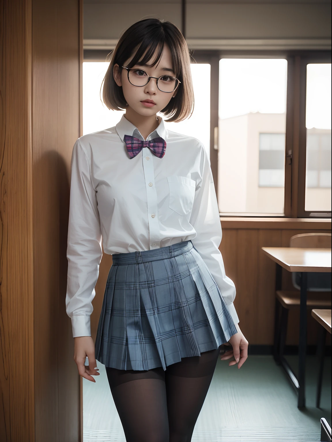 (8K、Raw photography、top-quality、masterpiece:1.2),(bob cuts),cocky,School,watching at viewers,Looking at the front,Muchimuchi,Erotic,Pupils,(Light blue bra seen through the shirt),de pele branca,kne,(Black pantyhose),absurderes,a small face,small tits,flat breast,Parting the bangs from the middle、Forehead visible,(a cold expression,Tight eyes,glares,Bullish,skinny,Rasping,irate)、masterpiece,top-quality、超A high resolution,Raw photo,ren,Beautiful fece,One Person, 独奏,eye glass,,Dark look,Small breasts,fullllbody,Round glasses、cute little,JK school uniform,hi-school girl,A Japanese Lady,is standing,(Photorealsitic:1.37)、Photon mapping,Realistic、Beautie,Cute little face,Brown-eyed、Black socks、(Red bow tie)、Radio City、Physically Based Rendering、depth of fields、Blurry background、a picture,Body,s girl,beauty legs, Long legs, Thin leg,(Bangs are visible), hair, s lips, Blue_The eye, nosesoft,(Light blue shirt), (Navy and blue and white plaid pleated skirt), Knees are visible,Sheer clothing,, Thigh, Black cotton socks,Nogizaka Idol, 女優, Japanese ido