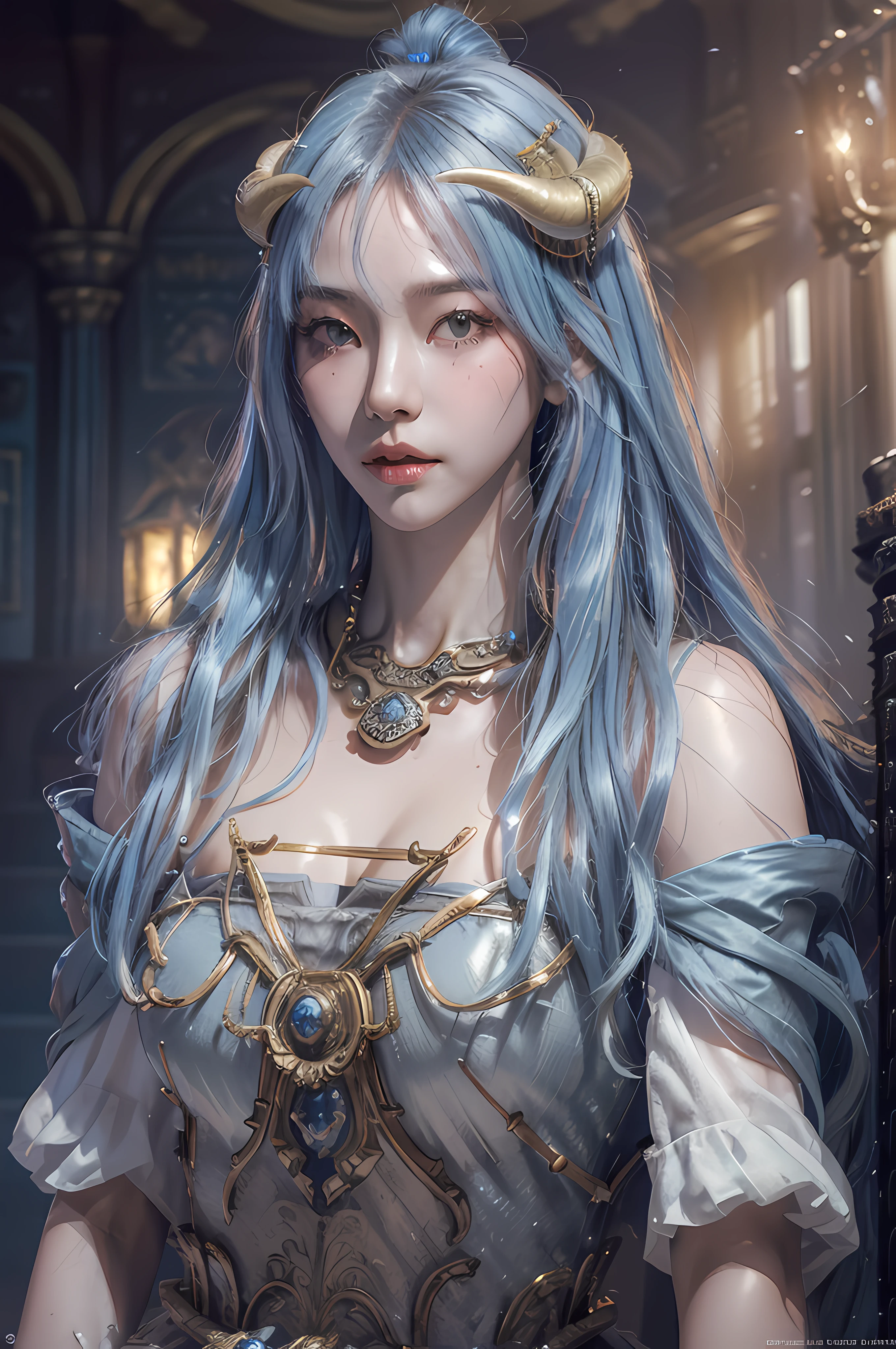 ((Masterpiece))), ((Best Quality))), ((Ultra-detailed)), (Hyper-Real), (Highly Detailed CG Illustration), Cinematic Light, Realistic, (Ganyu), Very Beautiful Young Lady, Horns, Bells on the Chest, (Beautiful Face and Lips), Light Makeup, Intricate Details EBA, Light Blue Hair, Blue Cloak, Popular on ArtStation,