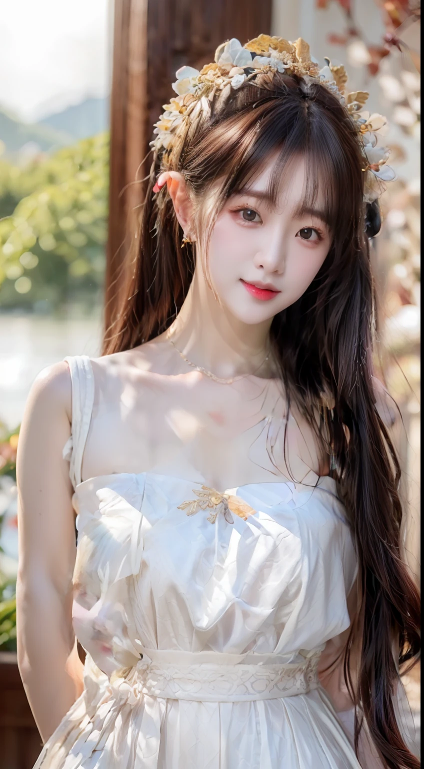 closeup on face, Face shot, (White dress :1.7), short miko skirt, Long streamers, blonde hairs, golden hair, (Pointed ears: 1.5), (Gold pattern quality:1.3), female pubic hair, with long blond hair, Off-the-Shoulders, Top detail CG quality 4K wallpaper, Master, A Masterpiece, portraits, The middle, Watch the footage, Beautiful Chinese-Korean mixed race idol, ((Super fine face, detailed description of facial features)), Lip biting makeup, Sweet smile, Perfect facial features, Model figure, Good complexion, the trees, branches, Golden meadow, stream, Golden leaves, Evening, Twilight, The setting sun, Twilight, autumn, twin braids, hair strand, diagonal bangs, hair ribbon, hair ornament, forehead jewel, jeweled branch of hourai, crescent hair ornament, fish hair ornament, hime cut, low ponytail, realism, god rays, sparkle, cinematic lighting, lens flare, UHD, high details, high quality, highres, best quality, 8k, 16k, high details, high quality, super detail, anatomically correct, masterpiece, ccurate