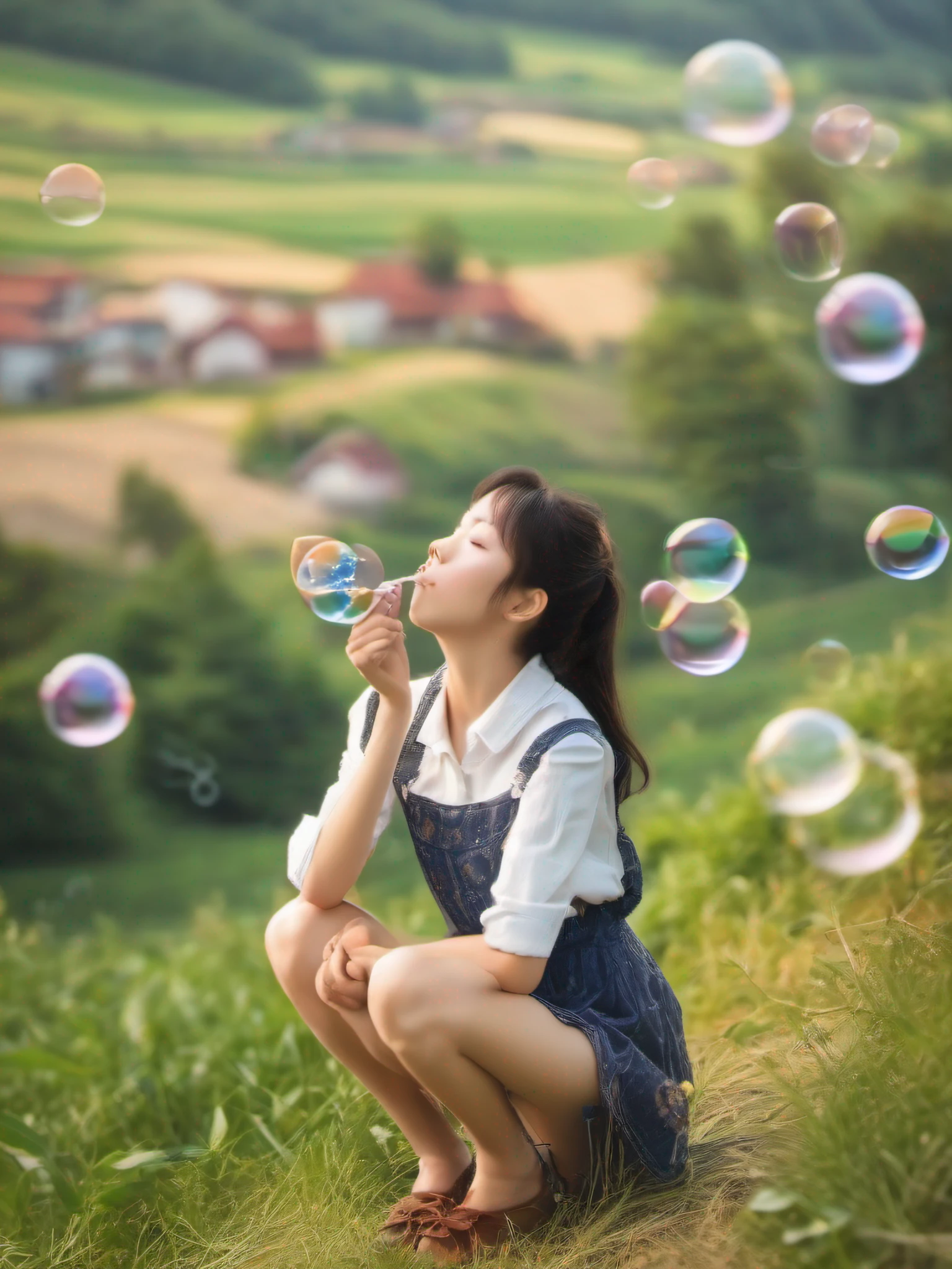 Beautiful girl blowing soap bubbles、Beautiful countryside scenery