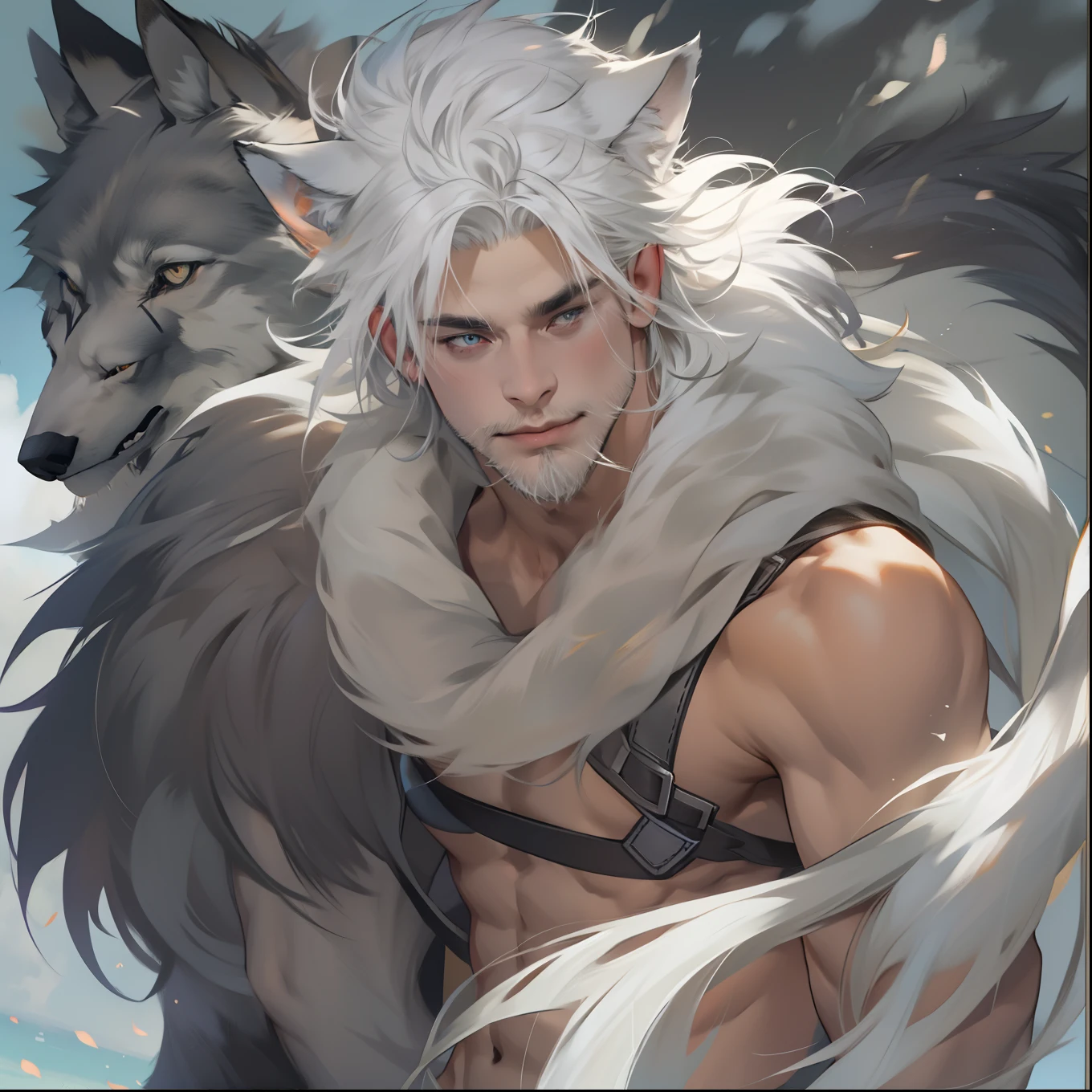 Male with light beard, flowing white hair, has wolf ears, has wolf tail, shirtless, happy, playful, solo, alone,
