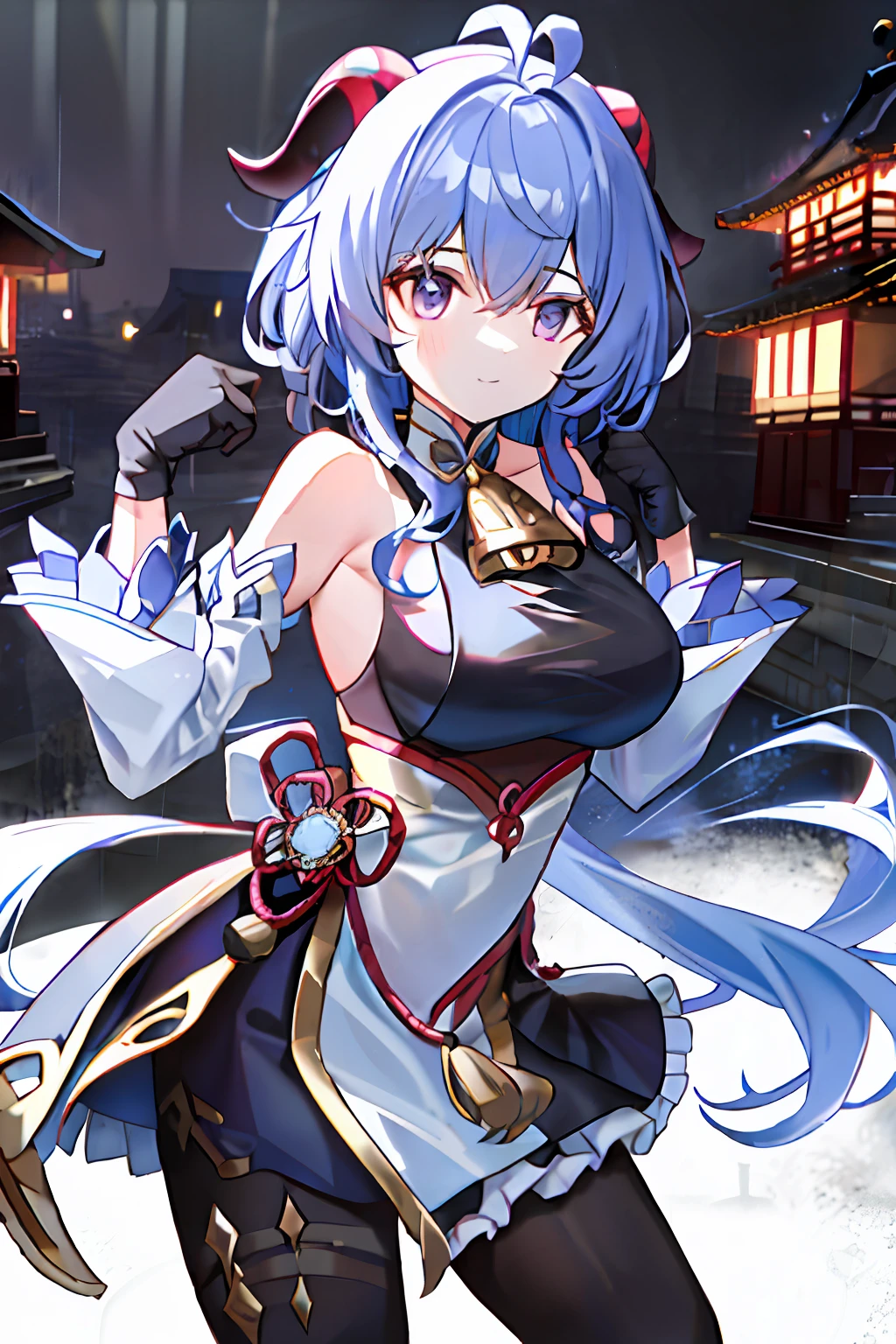 (Sweet rain), buliding, By bangs, cropped shoulders, bell, Black gloves, Black tights, Blushlush, Breasts, Chinese knot, the sleeve, east asian architecture, flower knot, mitts, cow horn, long whitr hair, looking at viewert, middlebreast, Neckbells, the night, exteriors, lacepantyhose, purpleeyes, Temple, Solo, nipple tassels, White sleeves,8K quality