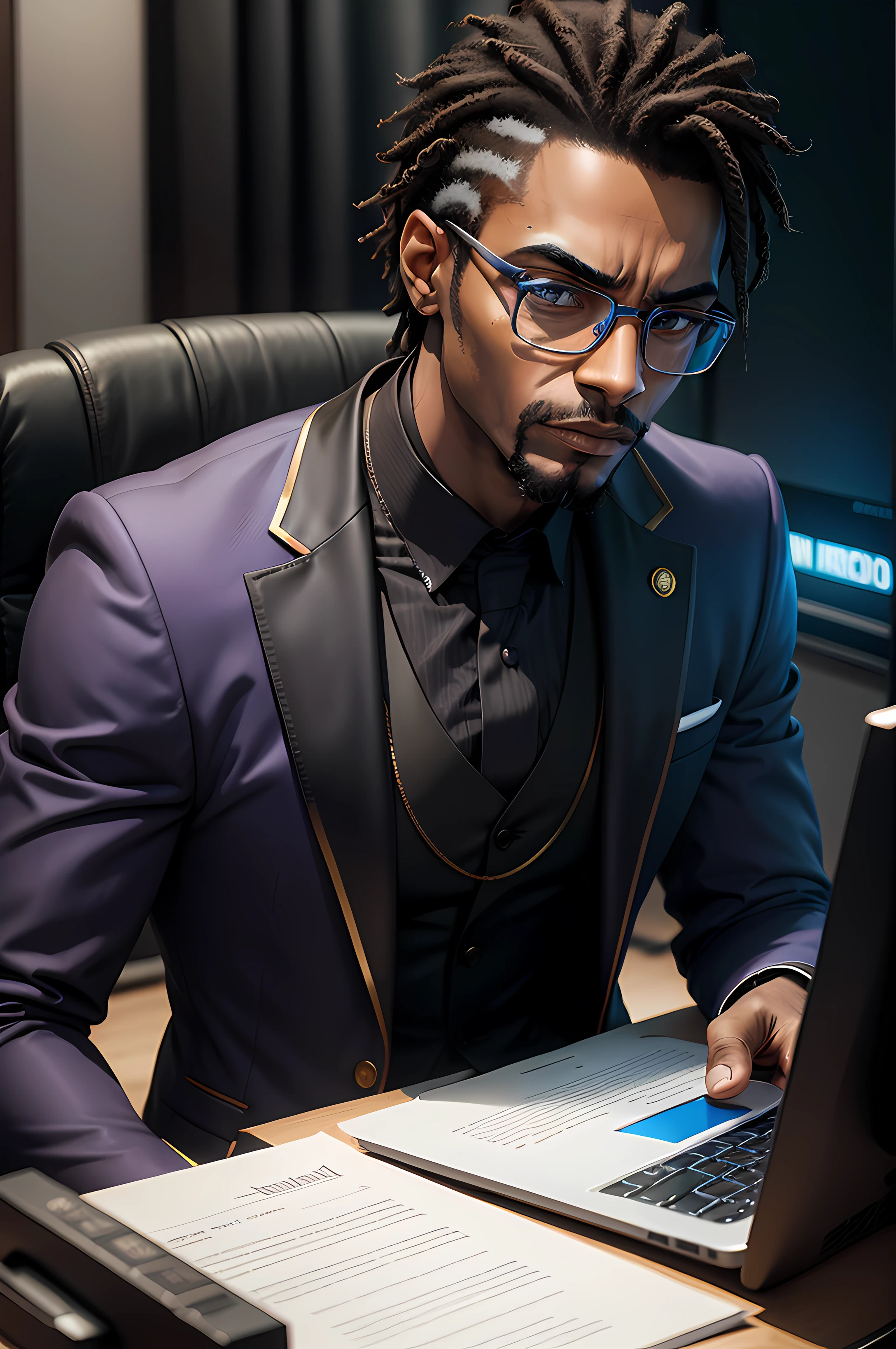 A Homem Negro sentado elegante em trajes sociais nas cores roxo, azul e preto, with gold-framed eyeglasses, escritorio cyperpunk, a frente de seu poderoso computador, performing search with a concentration expression.