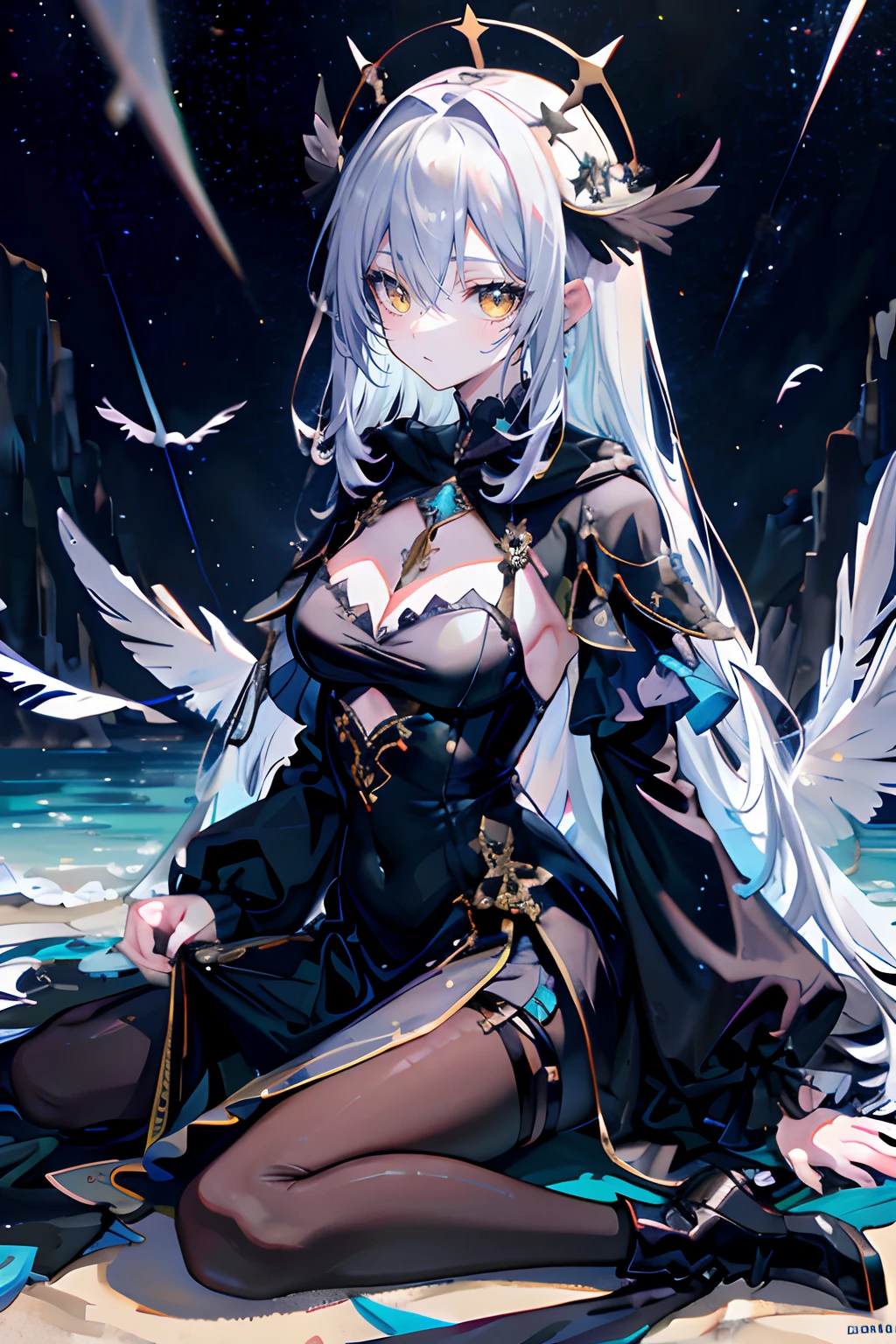 ((tmasterpiece)), ((best qualtiy)), (Amazing Desinger), (best artist), (Best Illustrated Landscape), (Best performance), (4K Full HD), (hdr+), (1girll) has cleavage(The long)whaite hair, (sparkling yellow eyes), On the side of the scenery with(Amazing Cleavage)Starry sky painting art and film tones -- Mina pastel style -- v5 (anime illustrated),black color dress,the night,sandbeach,Upright feather headdress,Cloak,Boots,Petite