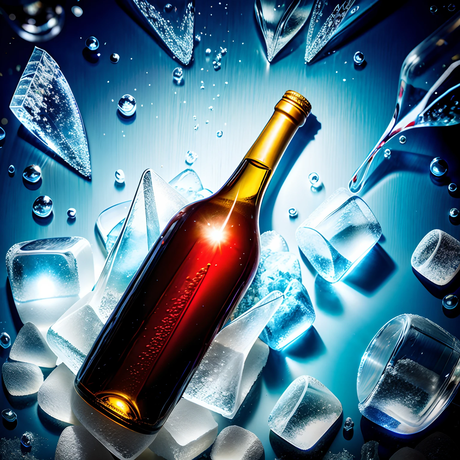 Dreamy picture of a bottle of wine lying in crushed ice，Top-down view，cold light。