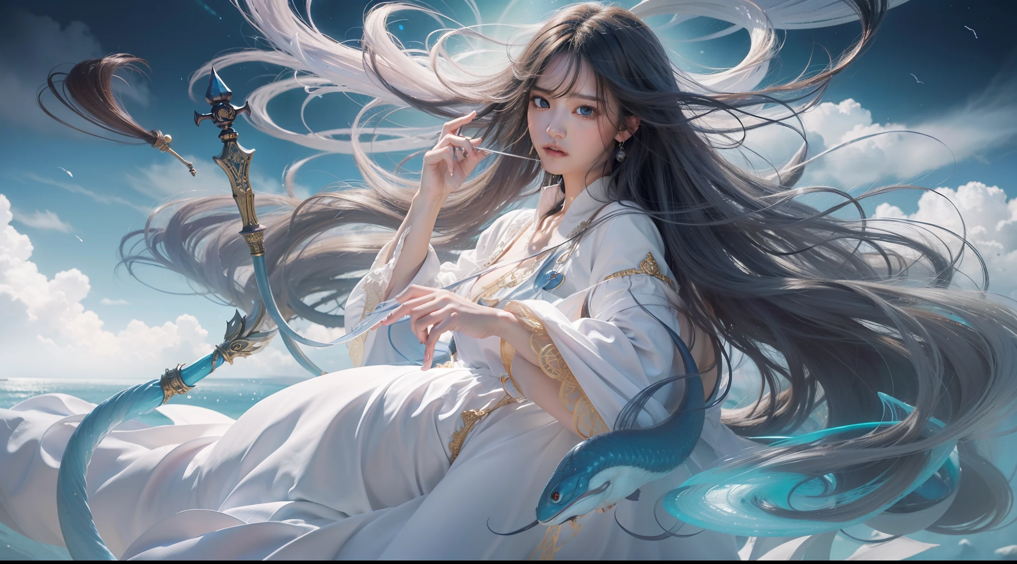 Above the rising clouds,Daytime, Dark, (Fantasy),infinite,deep blue sky,The abyss of knowledge,Cowledge,((masutepiece)), (((Best Quality))),((Beautiful fine eyes)),(Eye lashes)、Realistic clouds、Very beautiful face、The ultra -The high-definition、sea of clouds、Beautiful Girl And White Snake、(1人)、Black hair、The long-haired、abyss eyes、glowy skin、oils、small tits、Perfect human body structure、Wizard's Red Robe、tattered cloth、Realistic coat、Tee、Super delicate CG Unity 32k wallpaper、photoRealstic、masterpiece, ((ultra-detailliert)), ((illustratio)),colourfull,wall-paper,The energy,Unknown terror,Incomprehensible,Around the magic,Magical surroundings,magic wands,Boken,Flying pages,Know everything,Predict the future、Get to know the past、Infinite wisdom、blue flames、Warlock、magic circles、Pentagram、Spells、mantra、Singing magic