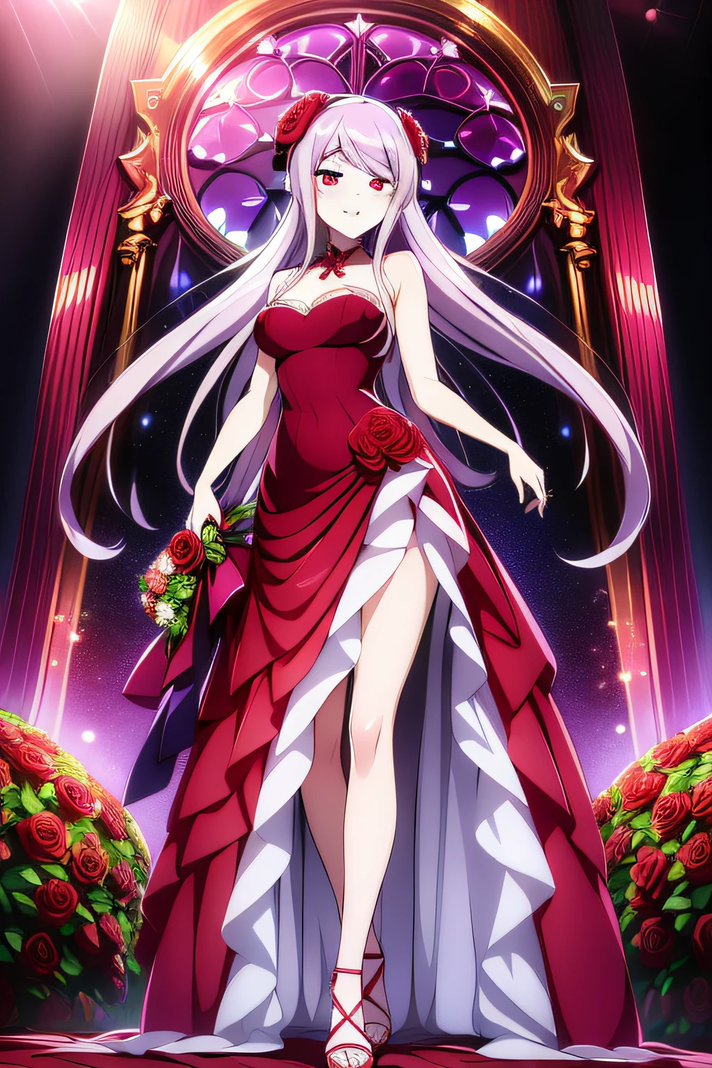 (((Best quality))), ((Ultra-detailed)), ((illustration)), ((Disheveled hair)), ((frilld)), (1 girl), (Solo),
Bouquet,
Colored_skin,
flower,
Looking_at_peeping at the viewer,
Pink_Rose,
purple_flower,
purple_Rose,
Red_flower,
Red_Rose,
Rose,
Rating:safe,
Red_dress,
Long_dress,full_Body,